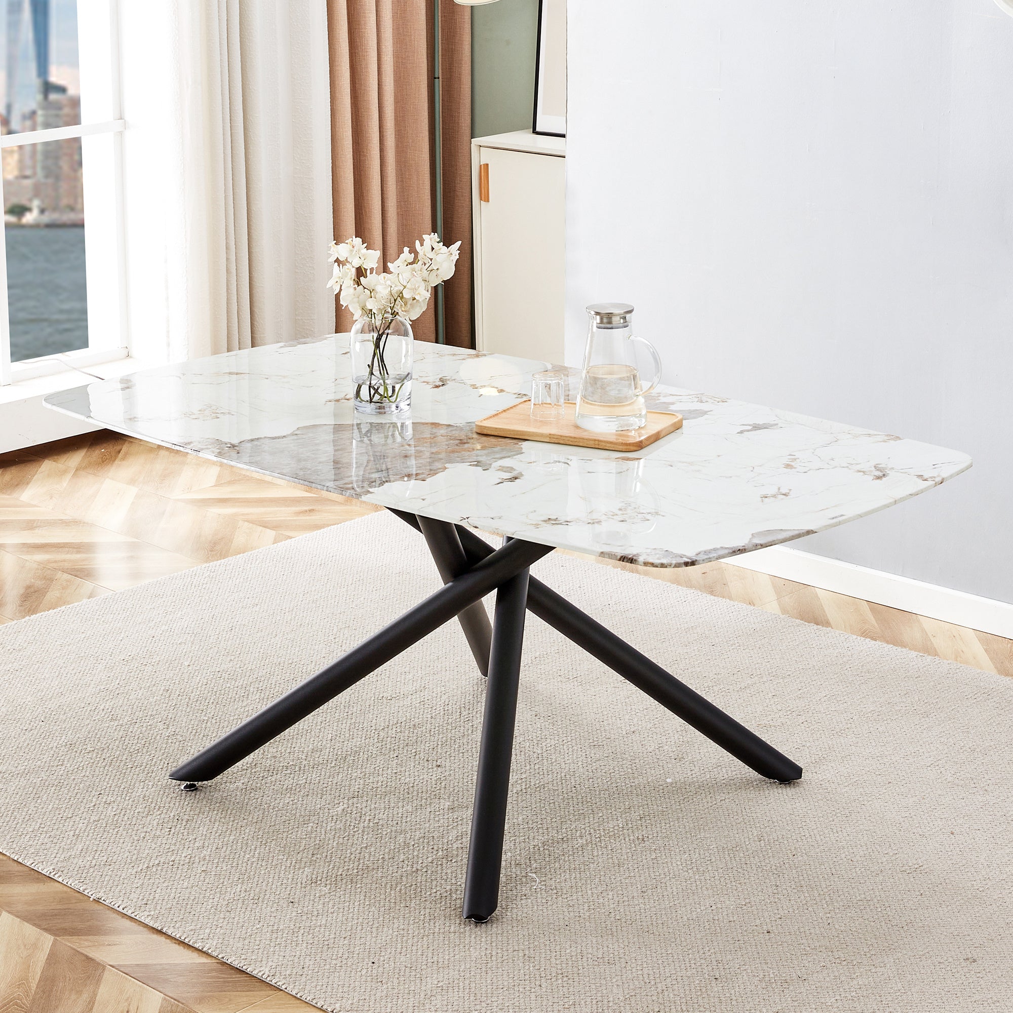 Large Rectangular Glass Dining Table, 6-8 Seater, 0.39" Tempered Glass, Black Faux Marble Top, Sleek Chrome Legs. Perfect for Kitchen, Dining, Living, Meeting, Banquet