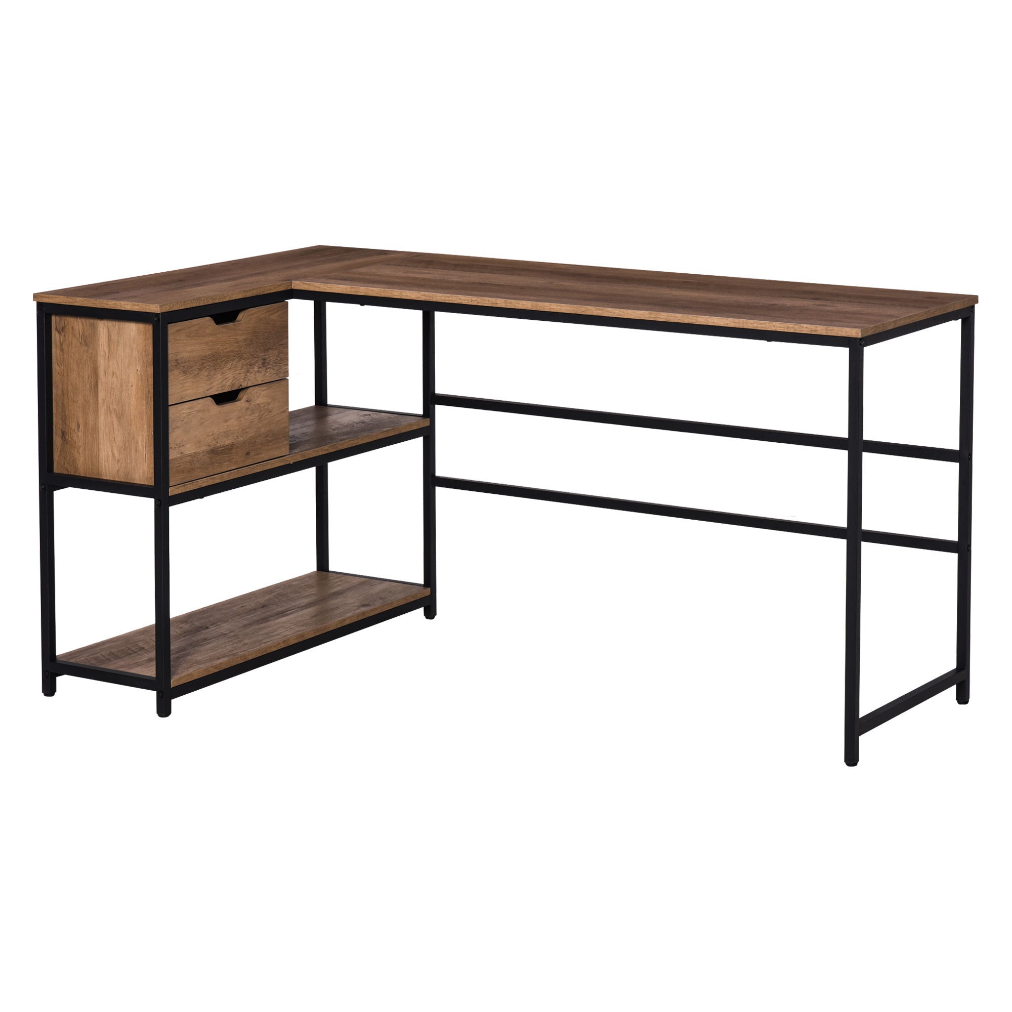 L-Shaped Home Offie Computer Desk with Storage Shelves, 2 Dawers and Industrial Steel Frame, Black/Brown