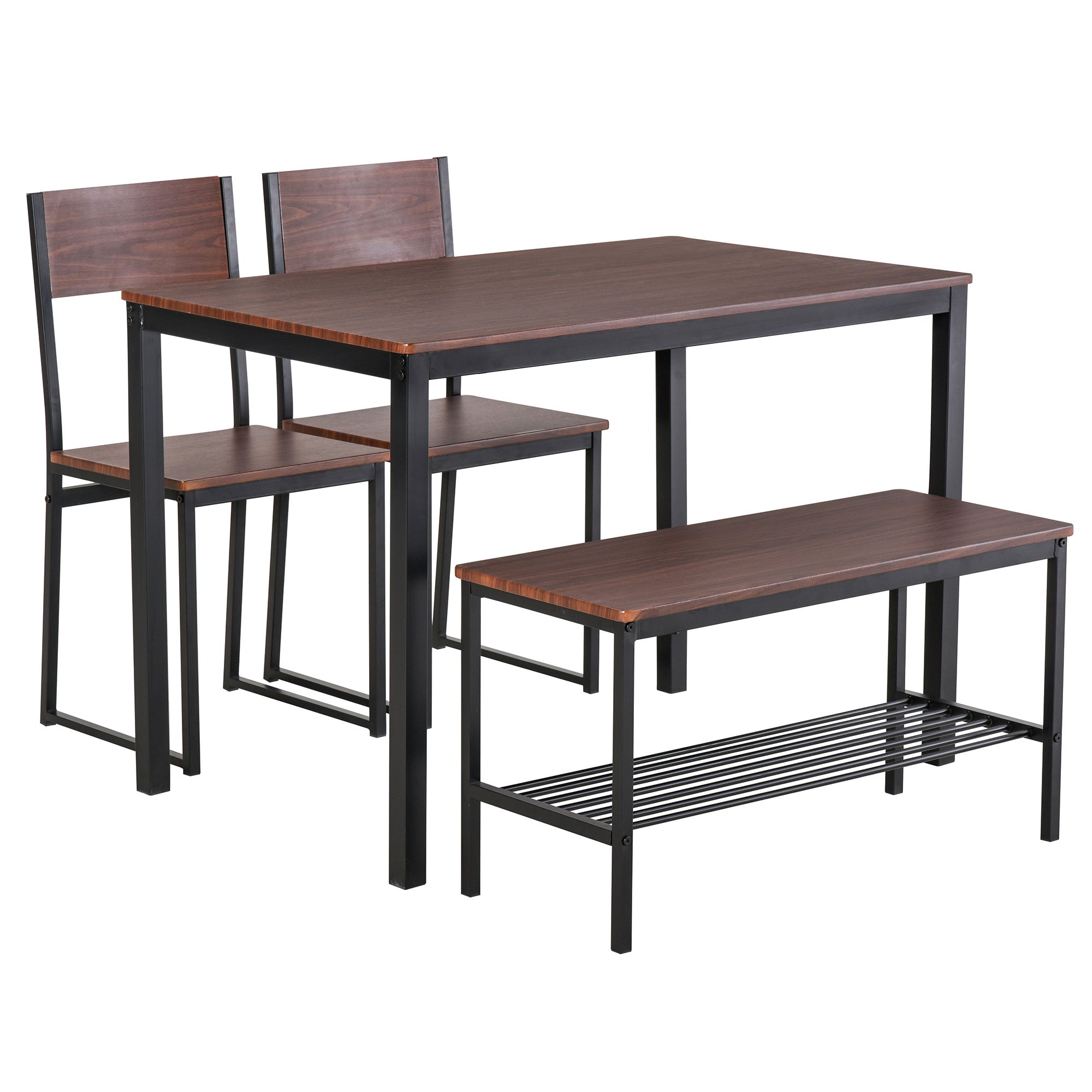 Industrial 4 Piece Dining Room Table Set with Bench Wooden Kitchen Table and Chairs w/ Storage Rack for Kitchen, Dinette, Black/Brown