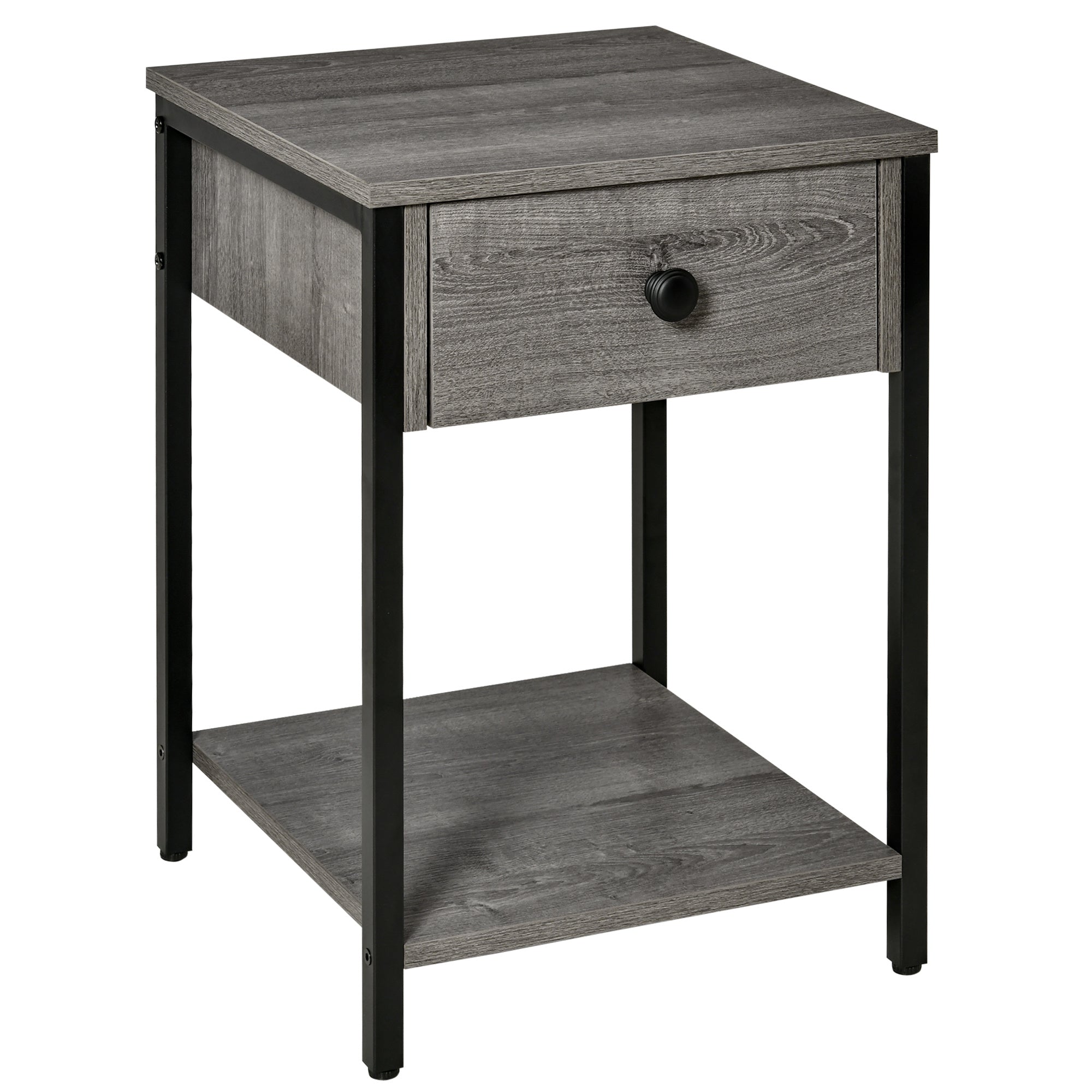 Industrial End Table with Storage Shelf, Accent Side Table with Drawer for Living Room, or Bedroom, Grey