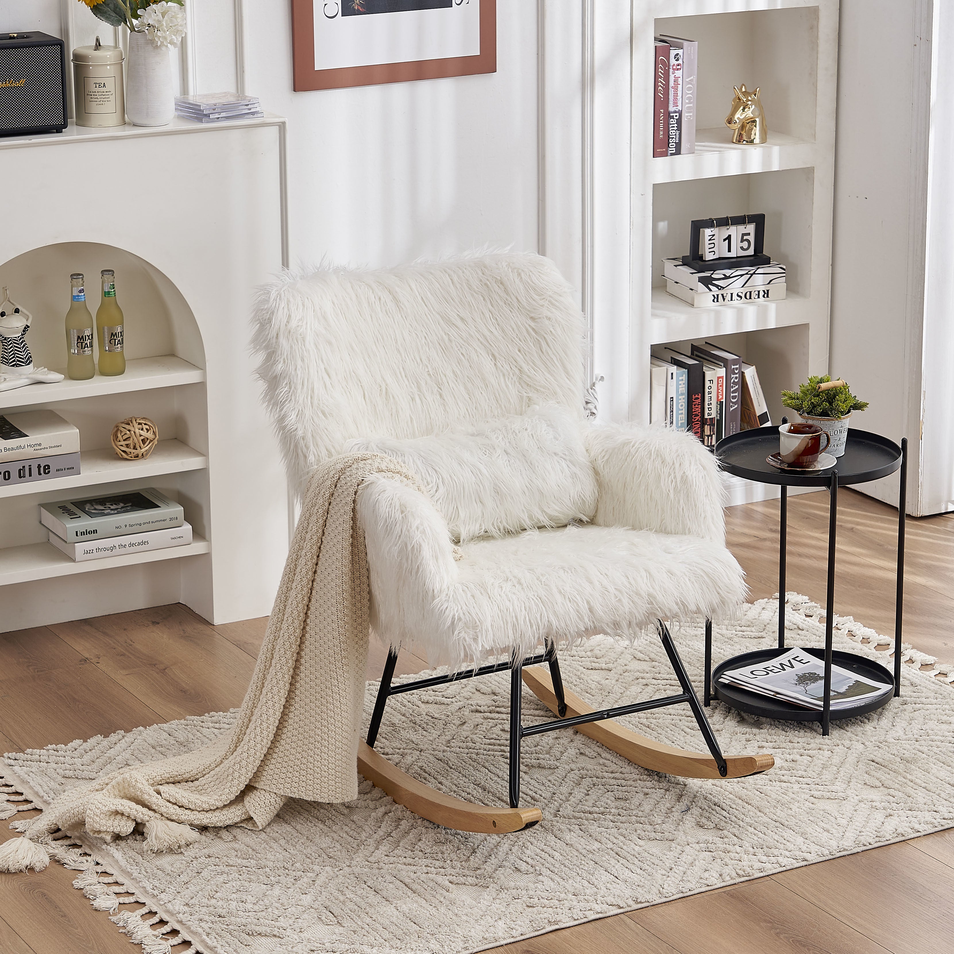 Rocking Chair Nursery, Solid Wood Legs Reading Chair with Lazy plush Upholstered and Waist Pillow, Nap Armchair for Living Rooms, Bedrooms, Offices, Best Gift,White