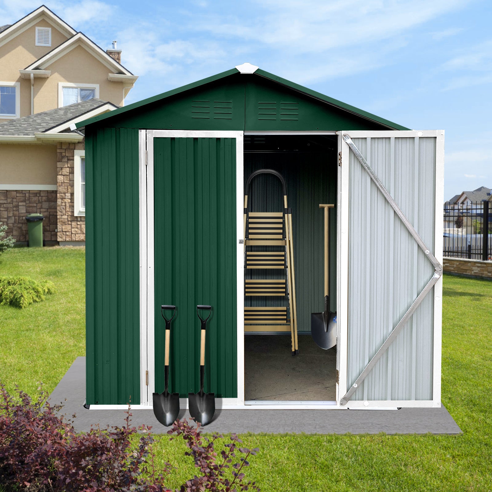 Outdoor storage sheds 4FTx6FT Apex roof Green+White