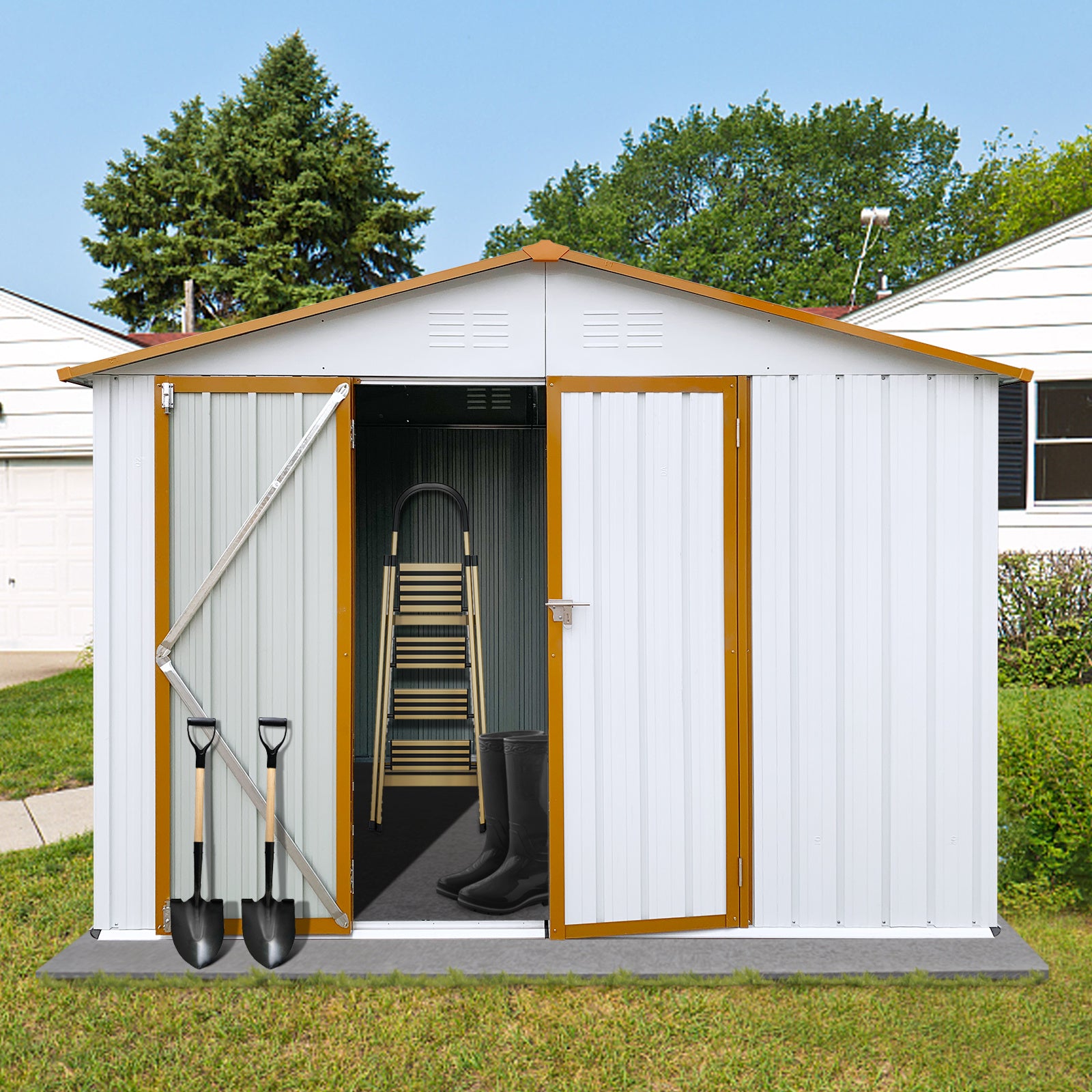 Metal garden sheds 6ftx8ft outdoor storage sheds White+Yellow