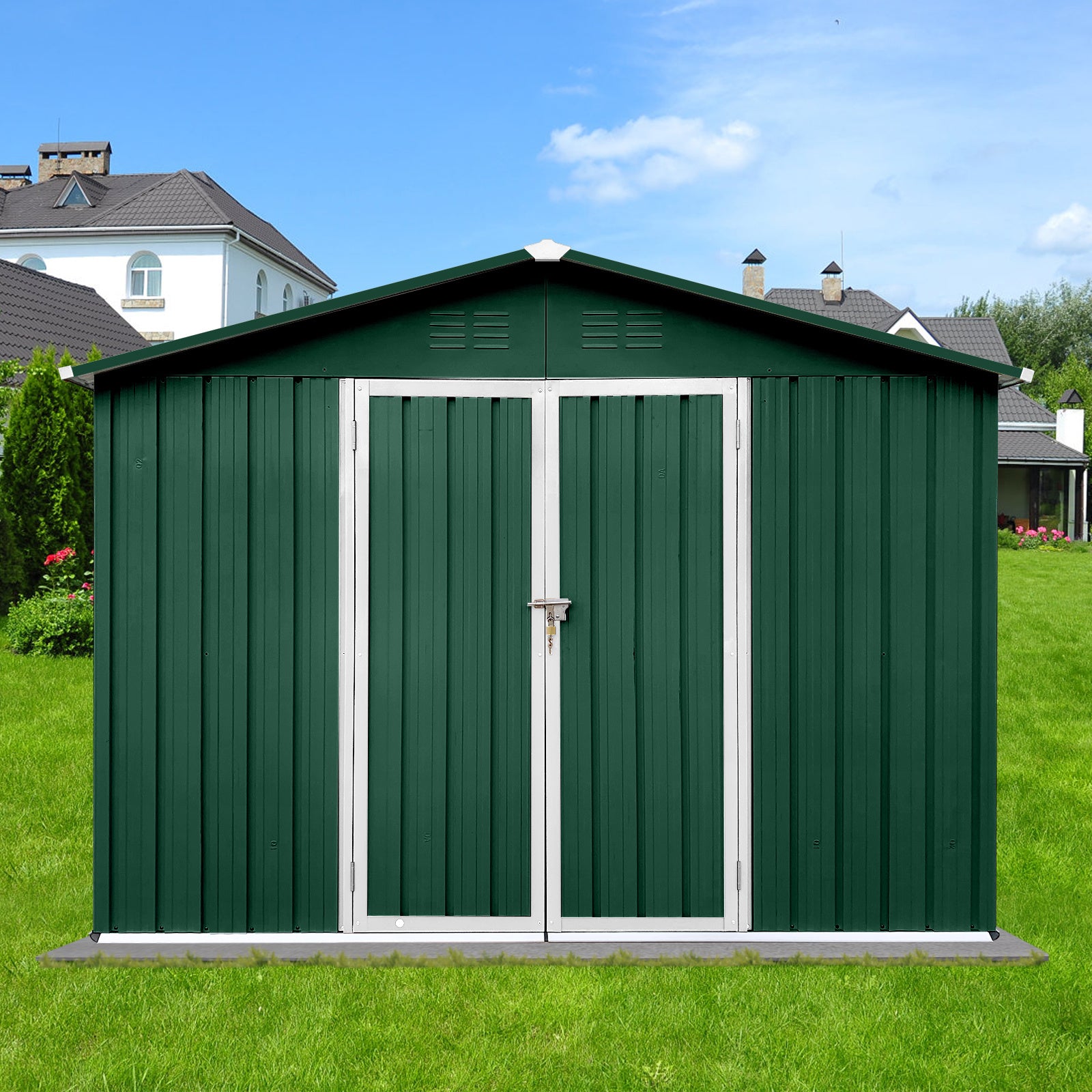 Metal garden sheds 10ft×8ft outdoor storage sheds Green + White