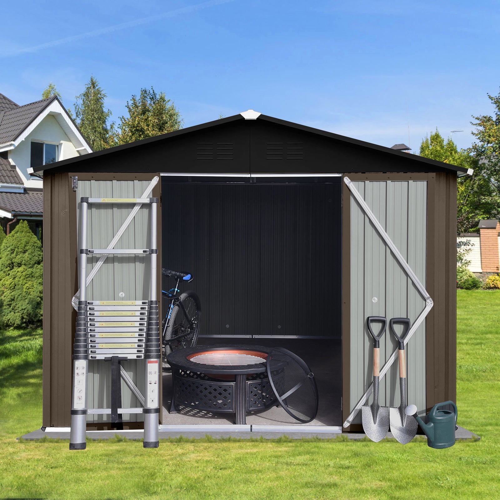 Metal garden sheds 10ft×8ft outdoor storage sheds Brown + Black