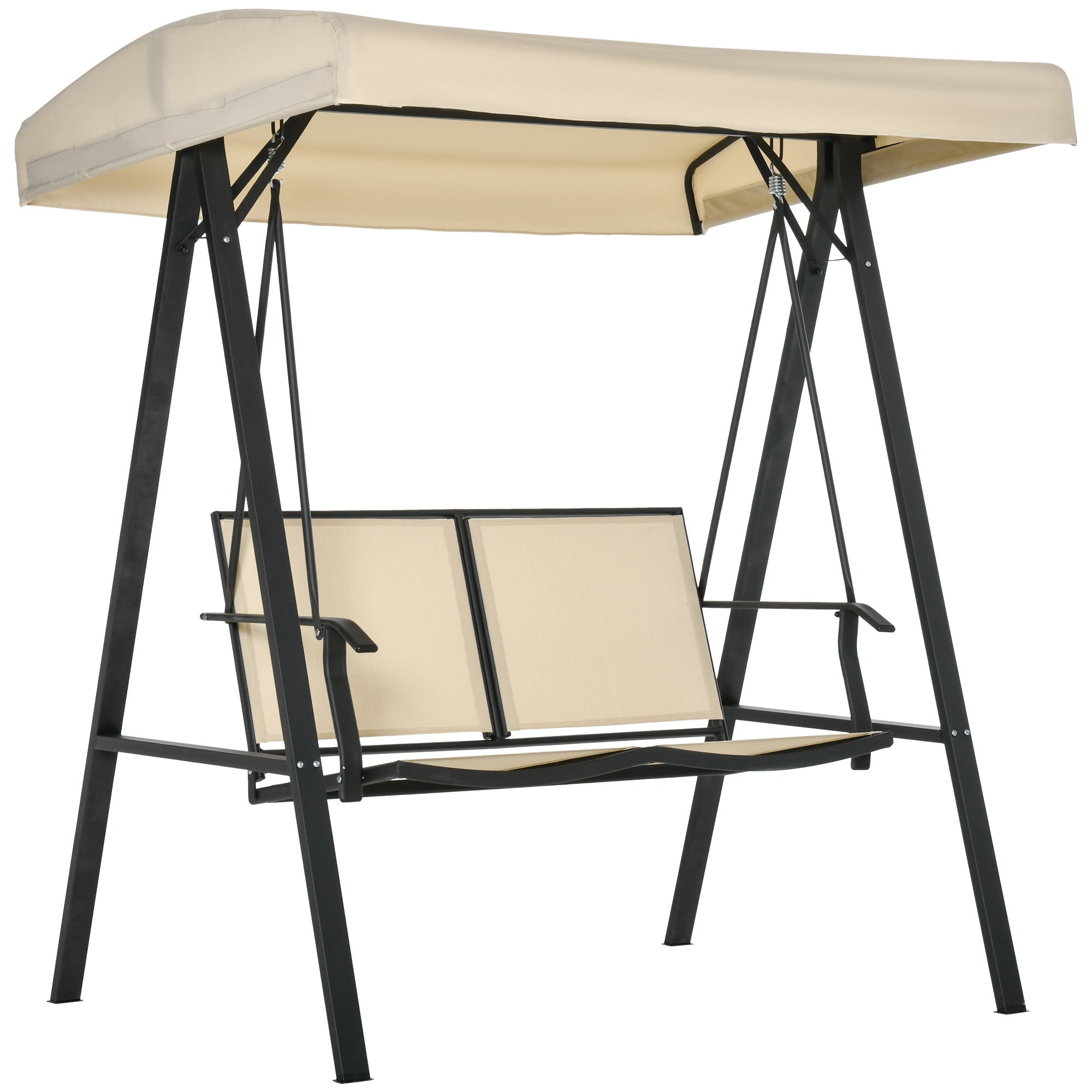 2-Person Patio Swings with Canopy, Outdoor Canopy Swing with Adjustable Shade, Breathable Mesh Seats and Steel Frame for Garden, Poolside, Backyard, Beige