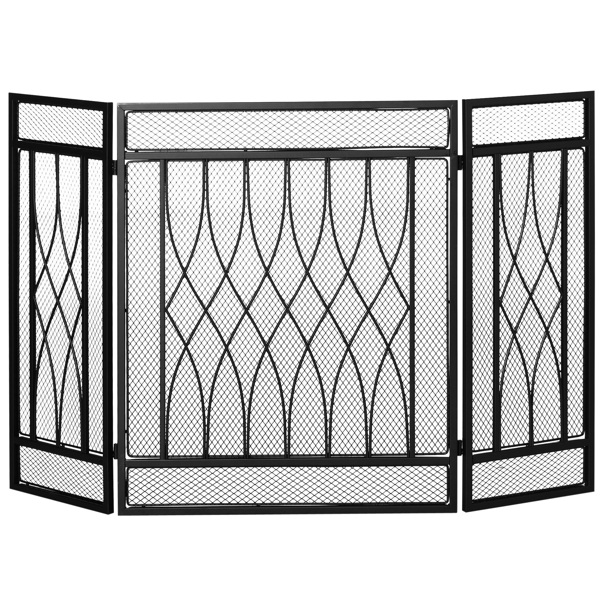 3-Panel Folding Fireplace Screen, Metal Mesh Fire Spark Guard for Wood Burning, 49.5" x 31.5", Black