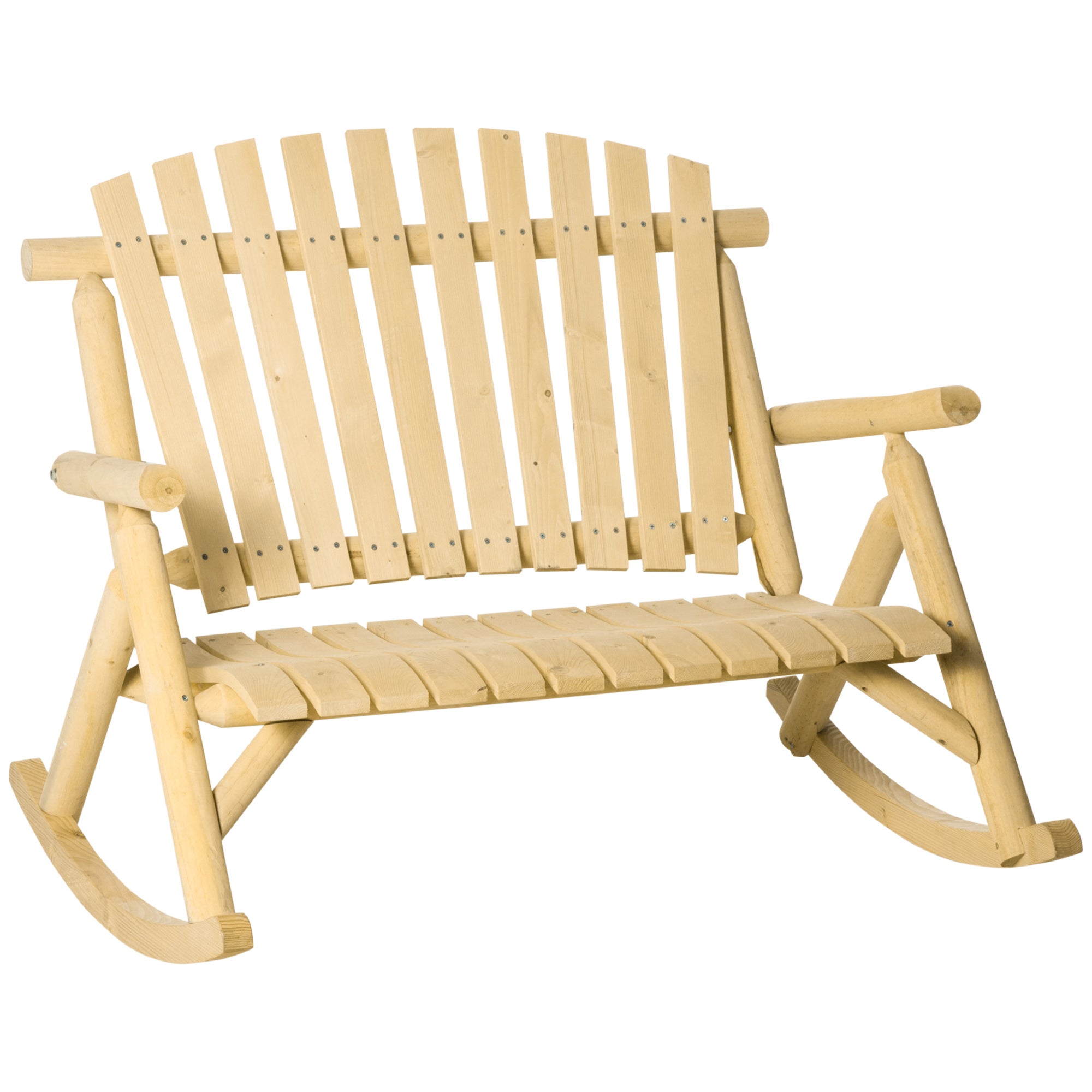 Double Wooden Porch Rocking Bench, Adirondack Porch Rocker Chair, Heavy Duty Loveseat for 2 Persons with High Rise Slatted Seat & Backrest, Smooth Armrests, Natural