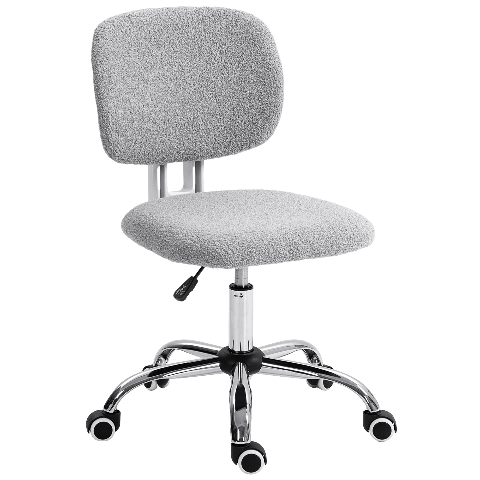 Cute Armless Office Chair, Teddy Fleece Fabric Computer Desk Chair, Vanity Task Chair with Adjustable Height, Swivel Wheels, Mid Back, Light Gray