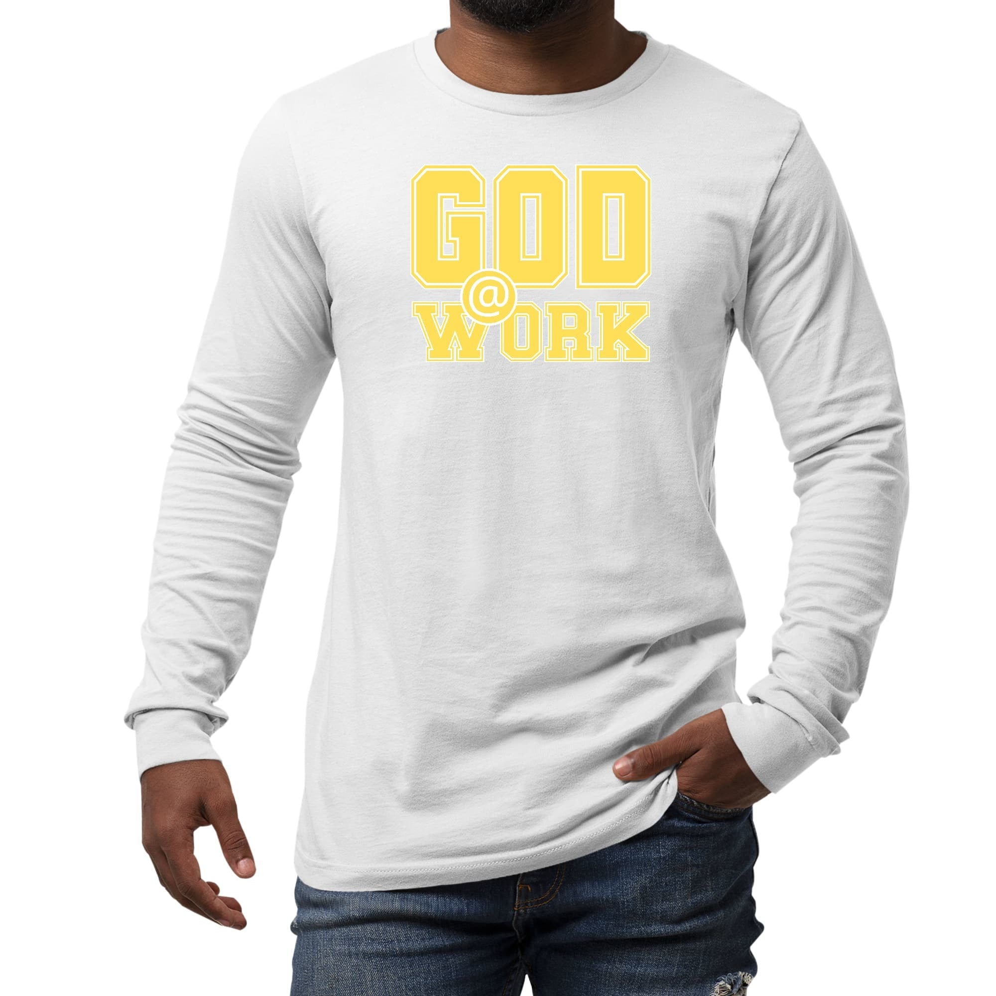 Long Sleeve Graphic T-shirt, God @ Work Yellow And White Print