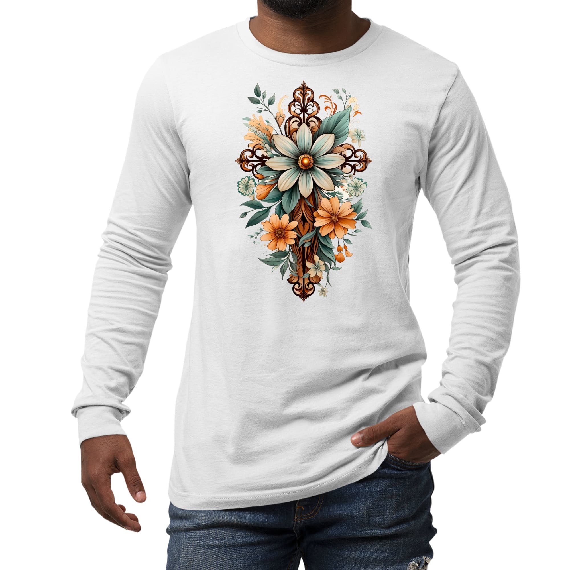 Long Sleeve Graphic T-shirt, Green Brown Christian Cross Floral