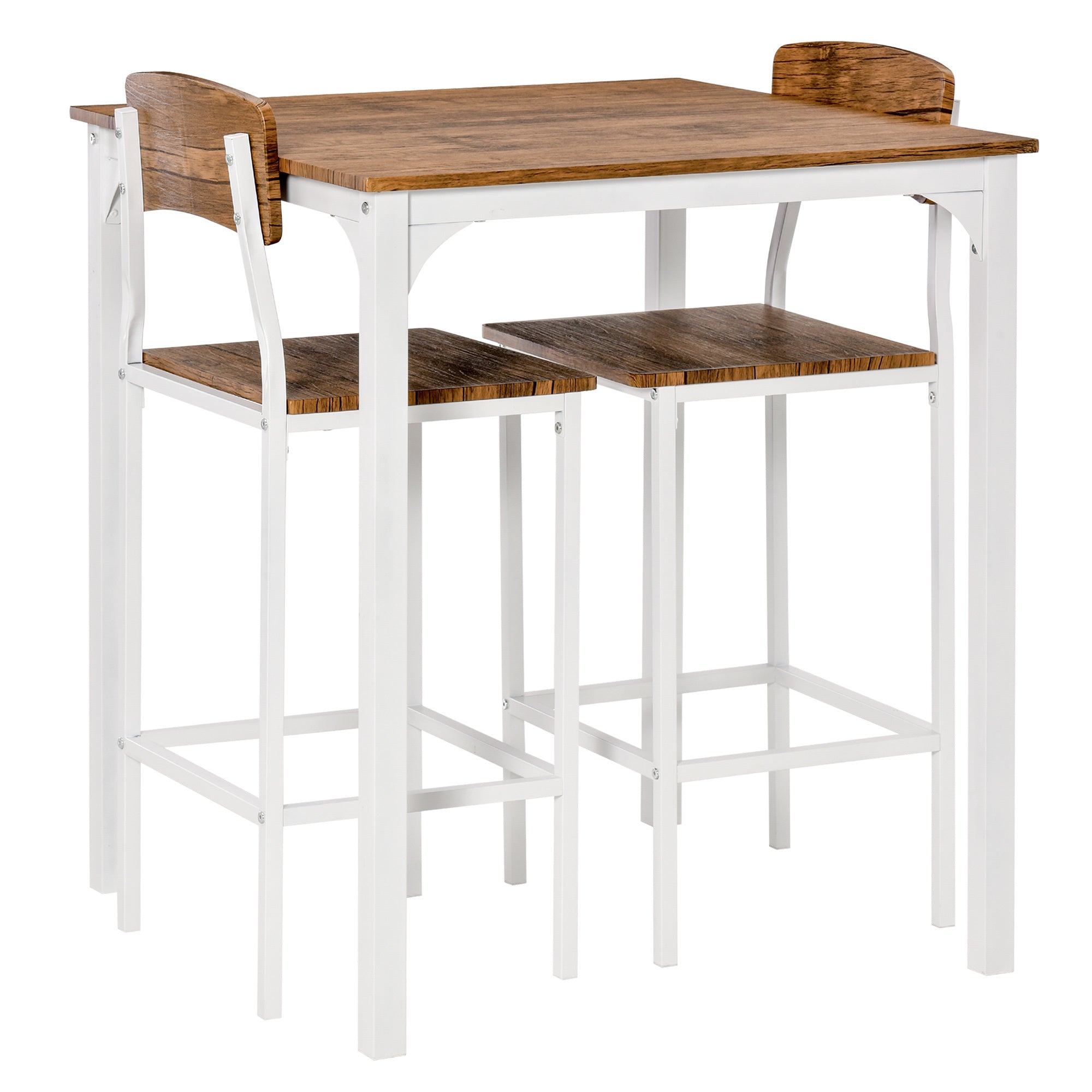 3 Piece Bar Table Set, Industrial Counter Height Dining Table Set, Bar Table & Chairs with Steel Legs & Footrests, White