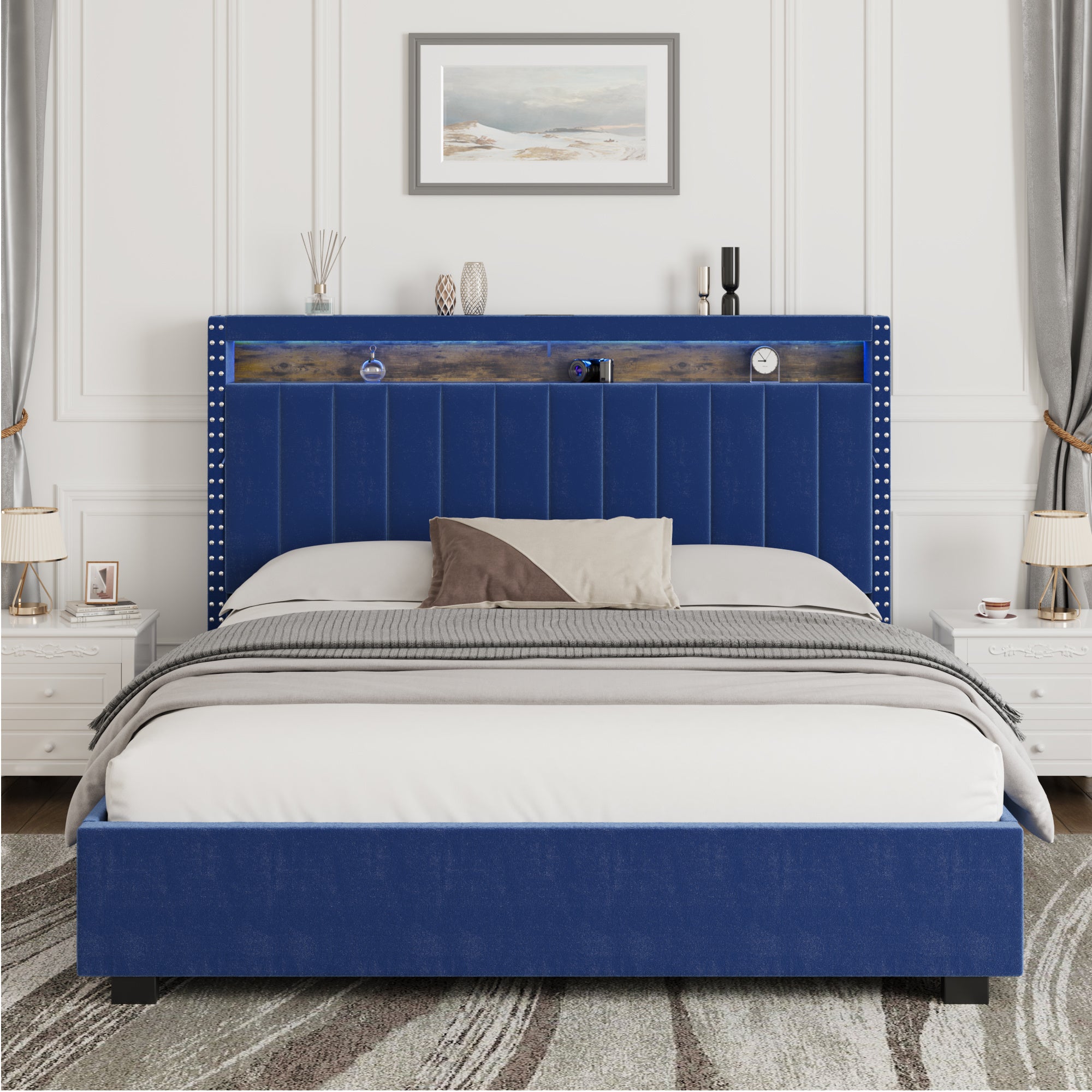 Luxury Gas Lift Storage Bed with RF LED Lights, Storage Headboard ,QUEEN Size ,Velvet Blue