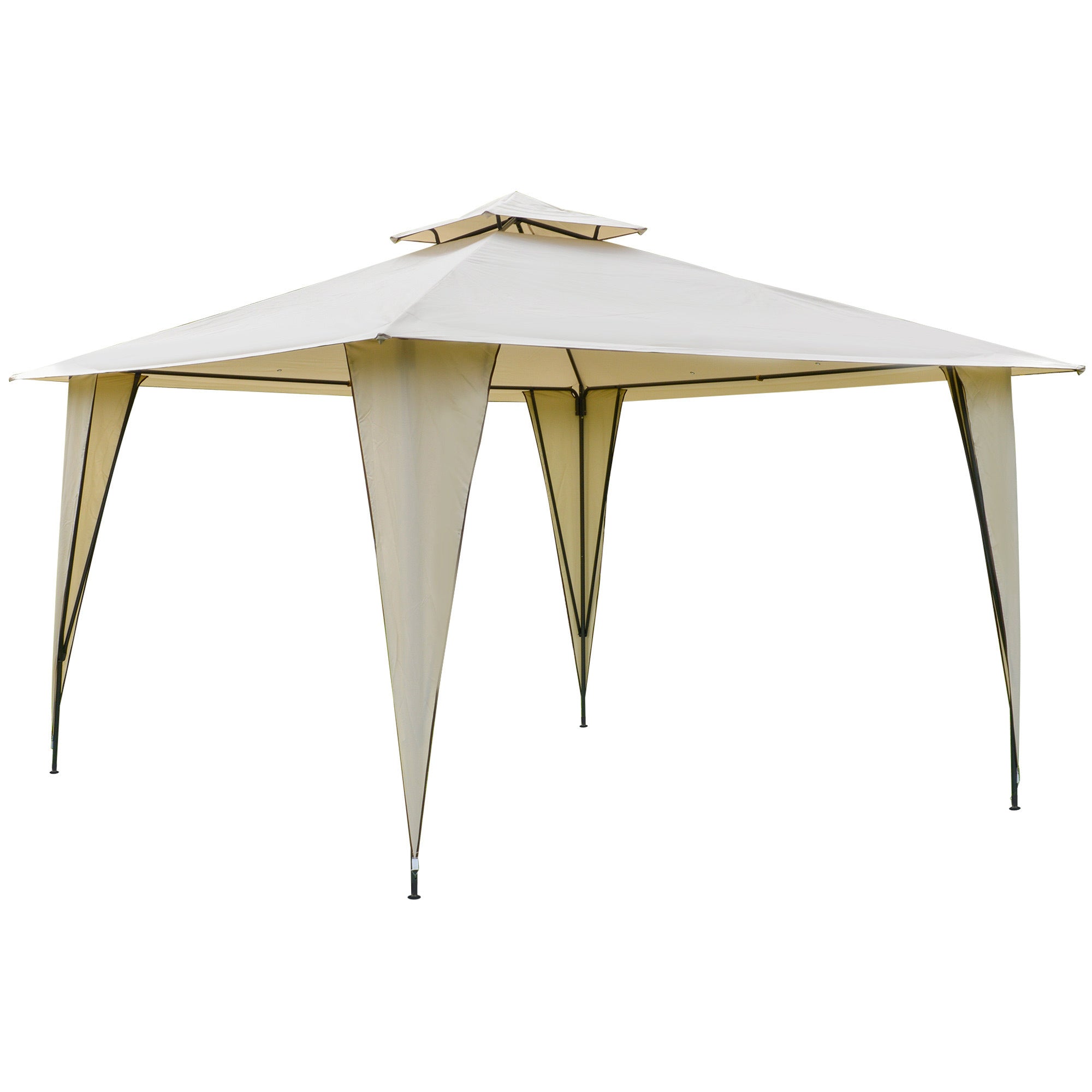 11' x 11' Outdoor Canopy Tent Party Gazebo with Double-Tier Roof, Steel Frame, Included Ground Stakes, Beige