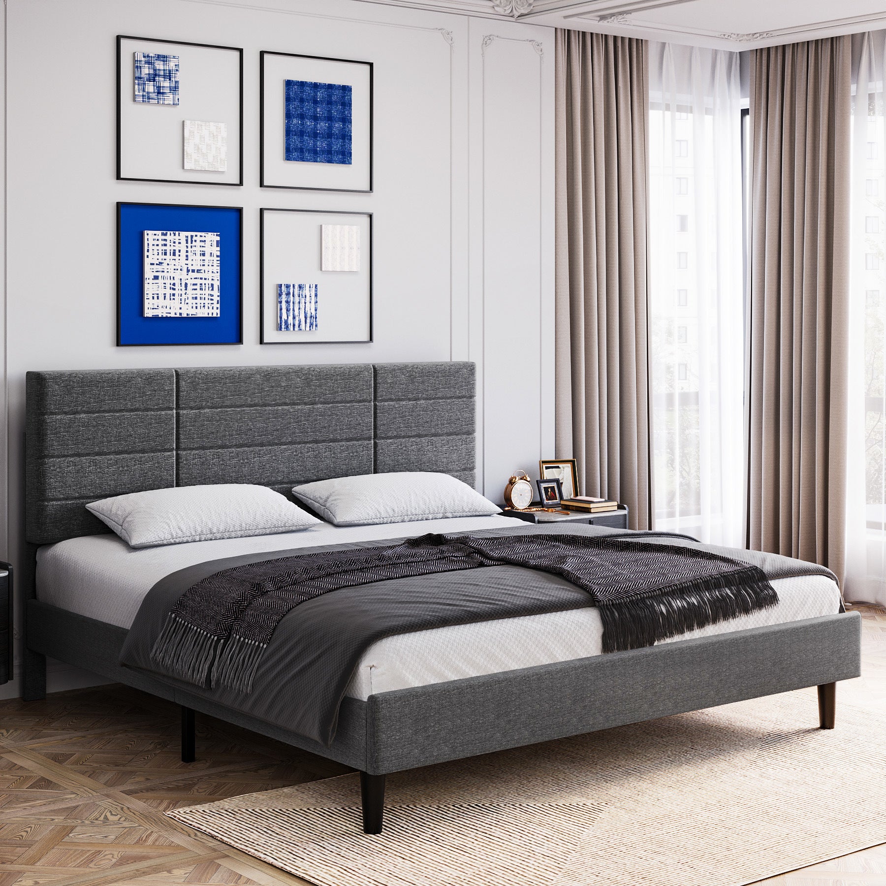 Molblly Full Size Bed Frame with Upholstered Headboard, Strong Frame, and Wooden Slats Support, Non-Slip and Noise-Free, No Box Spring Needed, Easy Assembly, Dark Grey