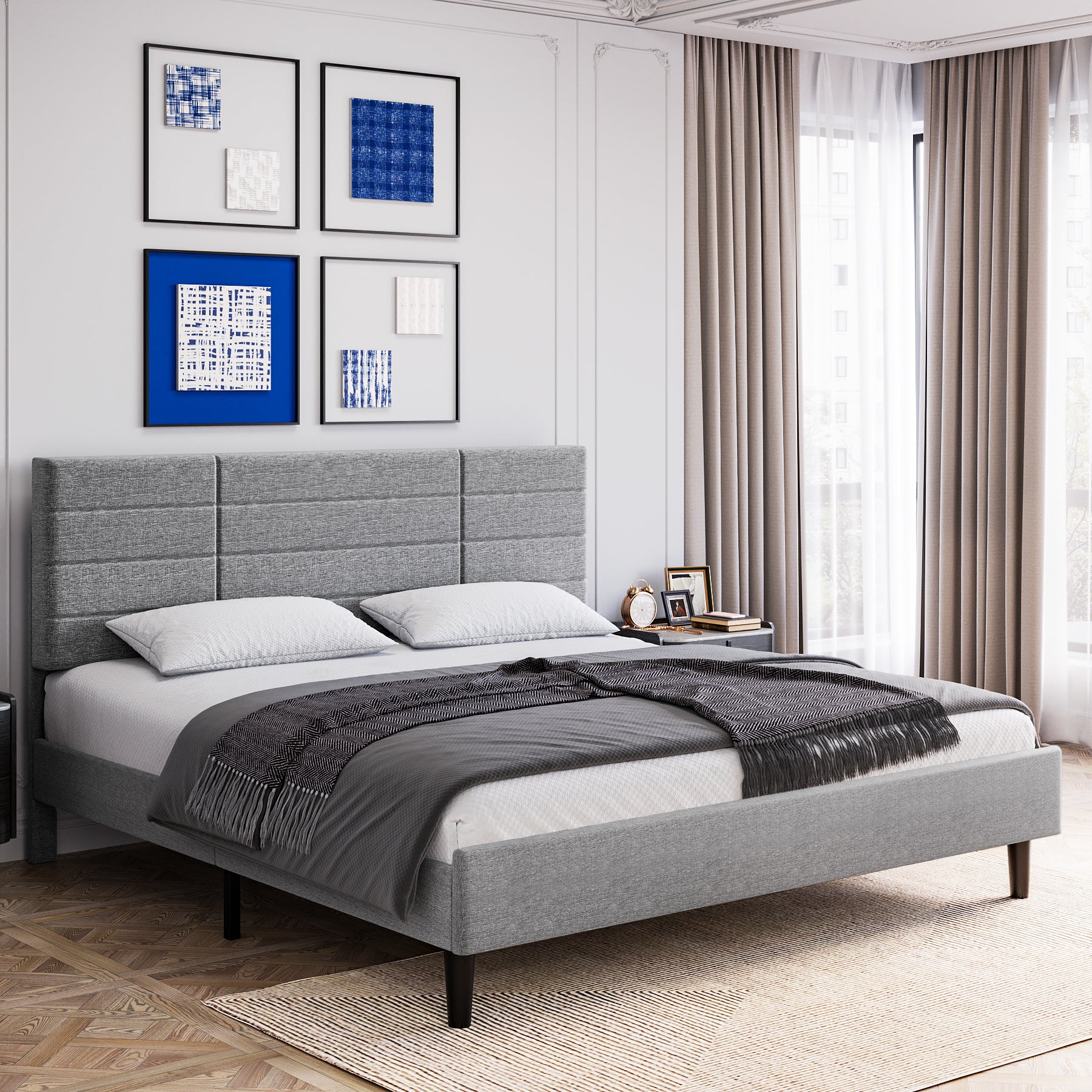 Molblly Queen Size Bed Frame with Upholstered Headboard, Strong Frame, and Wooden Slats Support, Non-Slip and Noise-Free, No Box Spring Needed, Easy Assembly, Light Grey