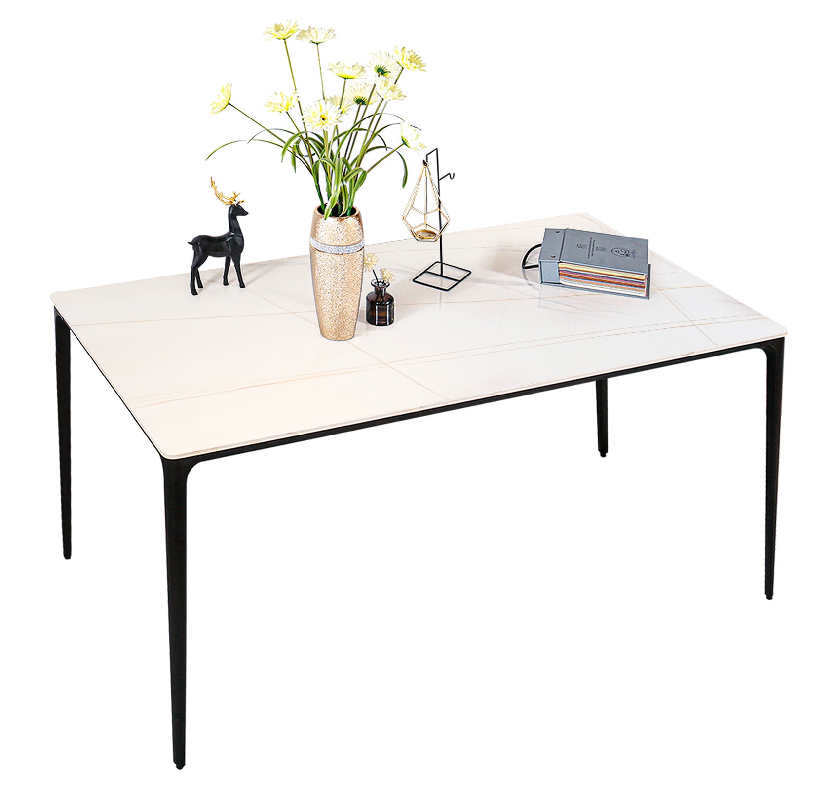 Dining Table Sintered Stone Marble Dining Table Porcelain Table top Sturdy legs Aluminium Alloy legs Table for Dining Room, Kitchen Room, Living Room, 63 inch Table for 6 persons, White Table Only