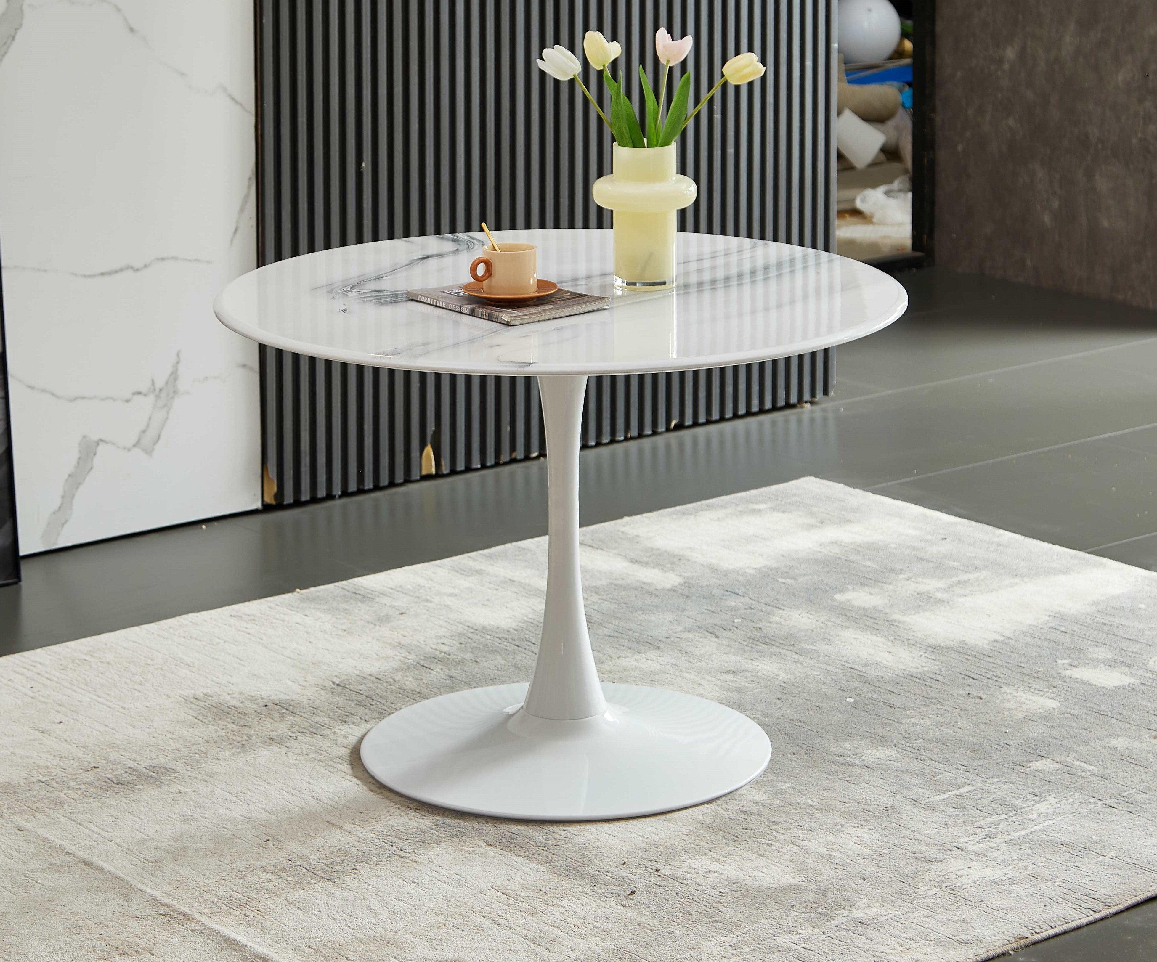 42.1"WHITE Tulip Table Mid-century Dining Table for 4-6 people With Round Mdf Table Top, Pedestal Dining Table, End Table Leisure Coffee Table