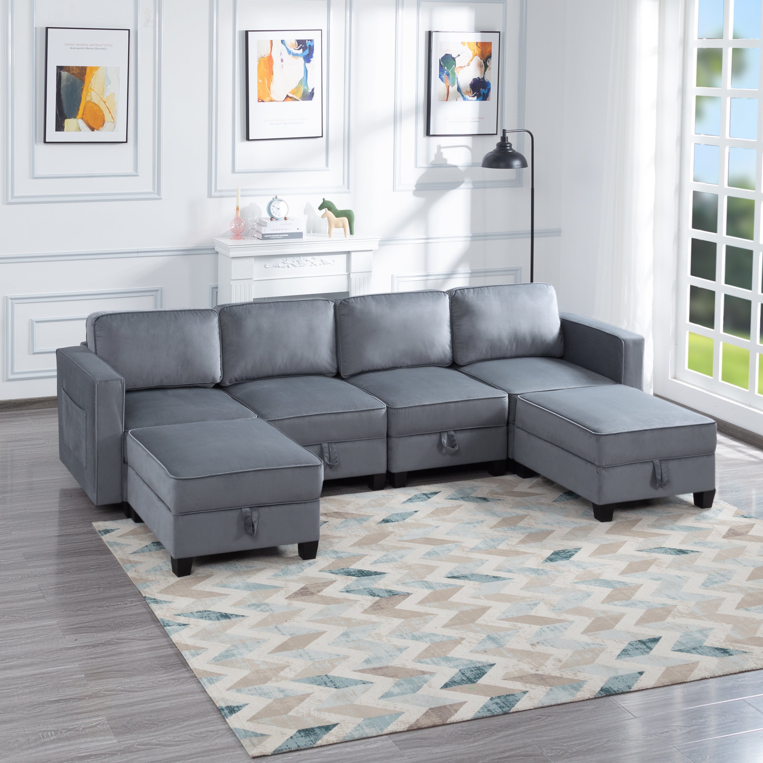 116'' Square Arm Sectional Sofa Dark gray Velvet(W223S00400)