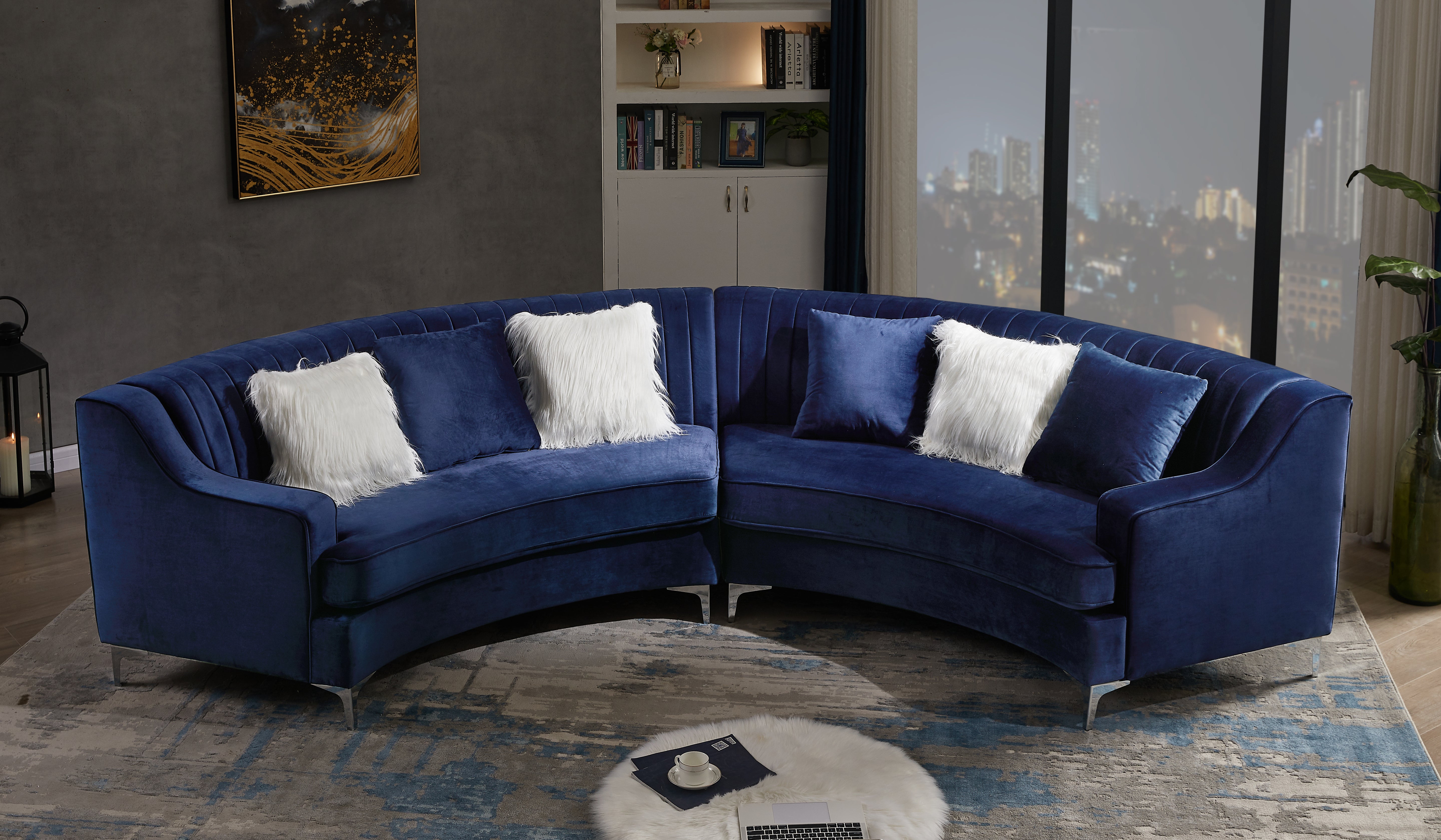 Navy Blue Velvet Curved Sofa