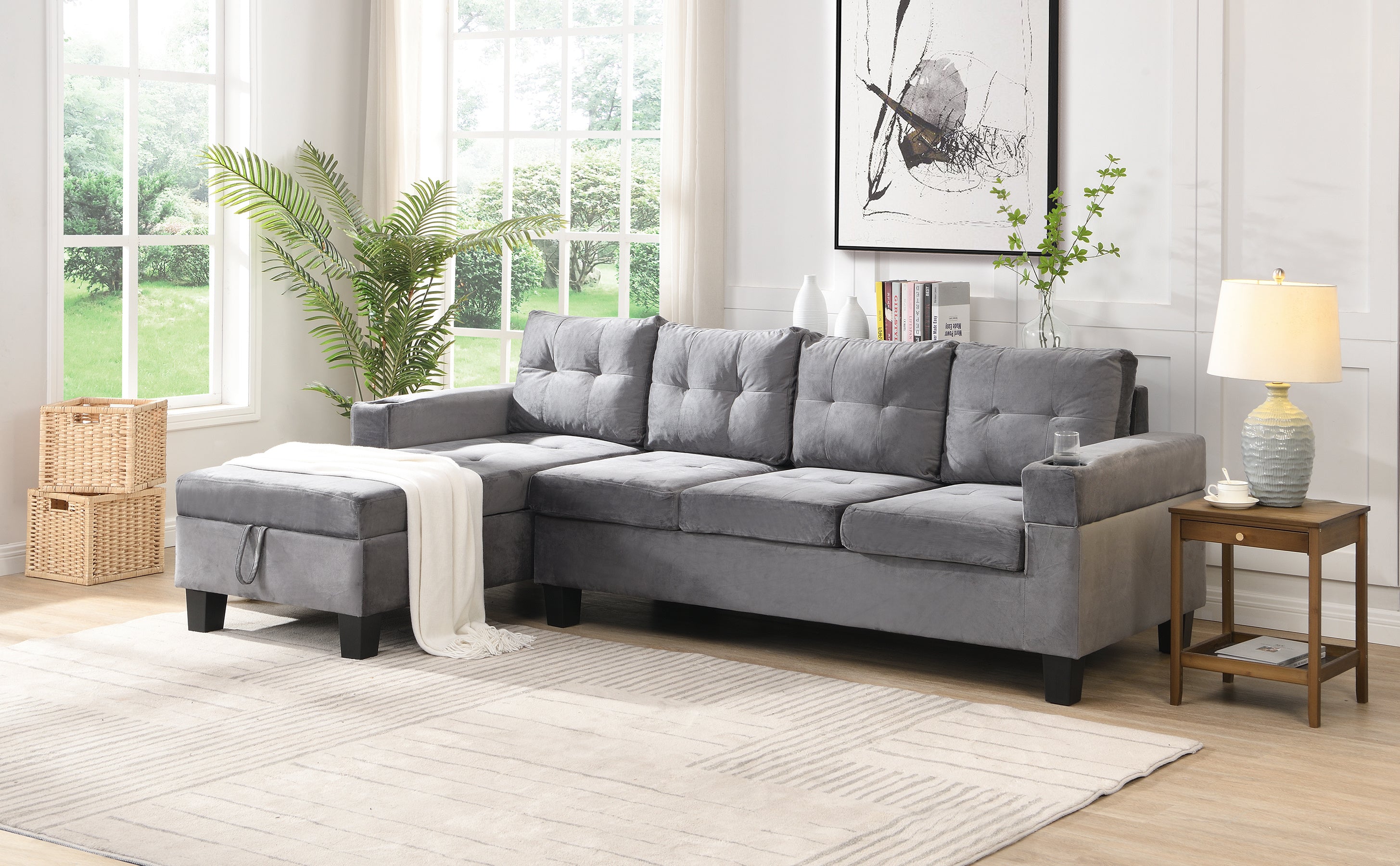 Sectional Sofa Set for Living Room with L Shape Chaise Lounge ,cup holder and Left Hand with Storage Chaise Modern 4 Seat (Grey) -LEFT CHAISE WITH STORAGE