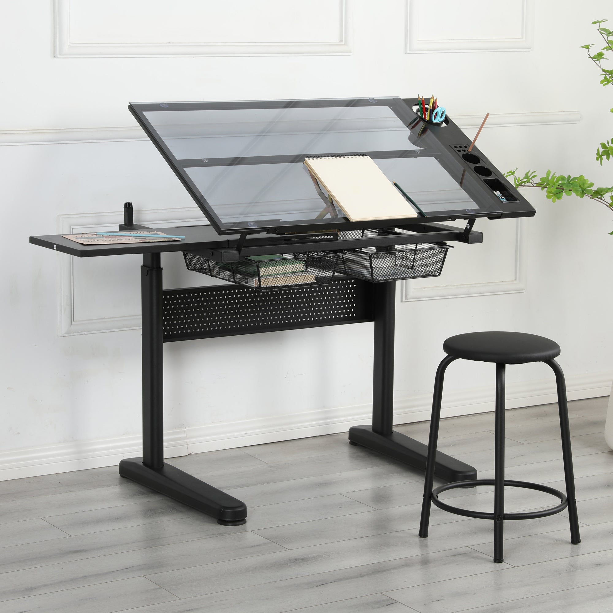 hand crank adjustable drafting table drawing desk with 2 metal drawers (BLACK)WITH STOOL