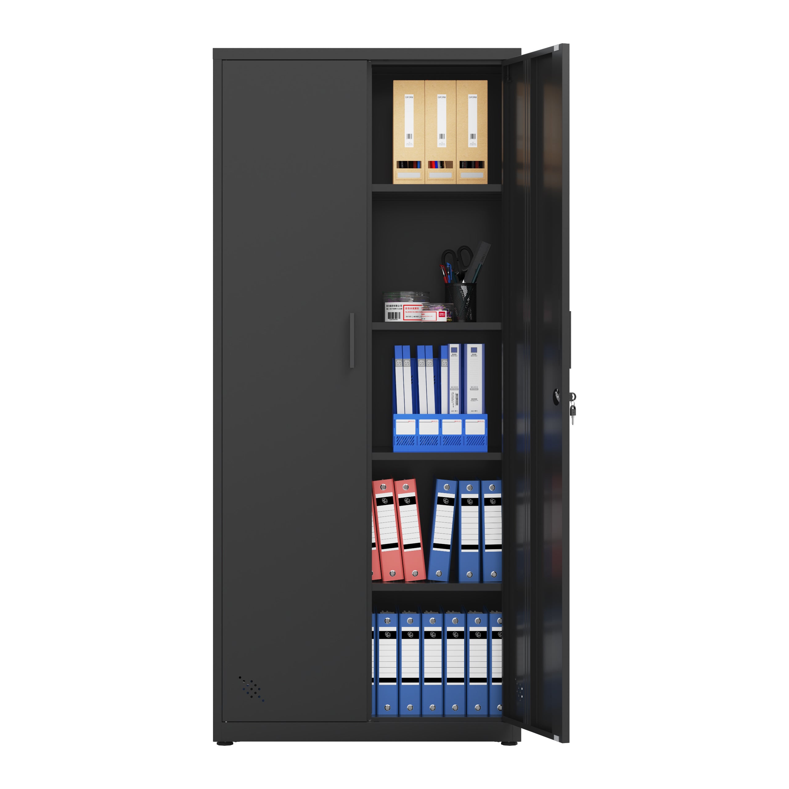 High Storage Cabinet with 2 Doors and 4 Partitions to Separate 5 Storage Spaces, Home/ Office Design