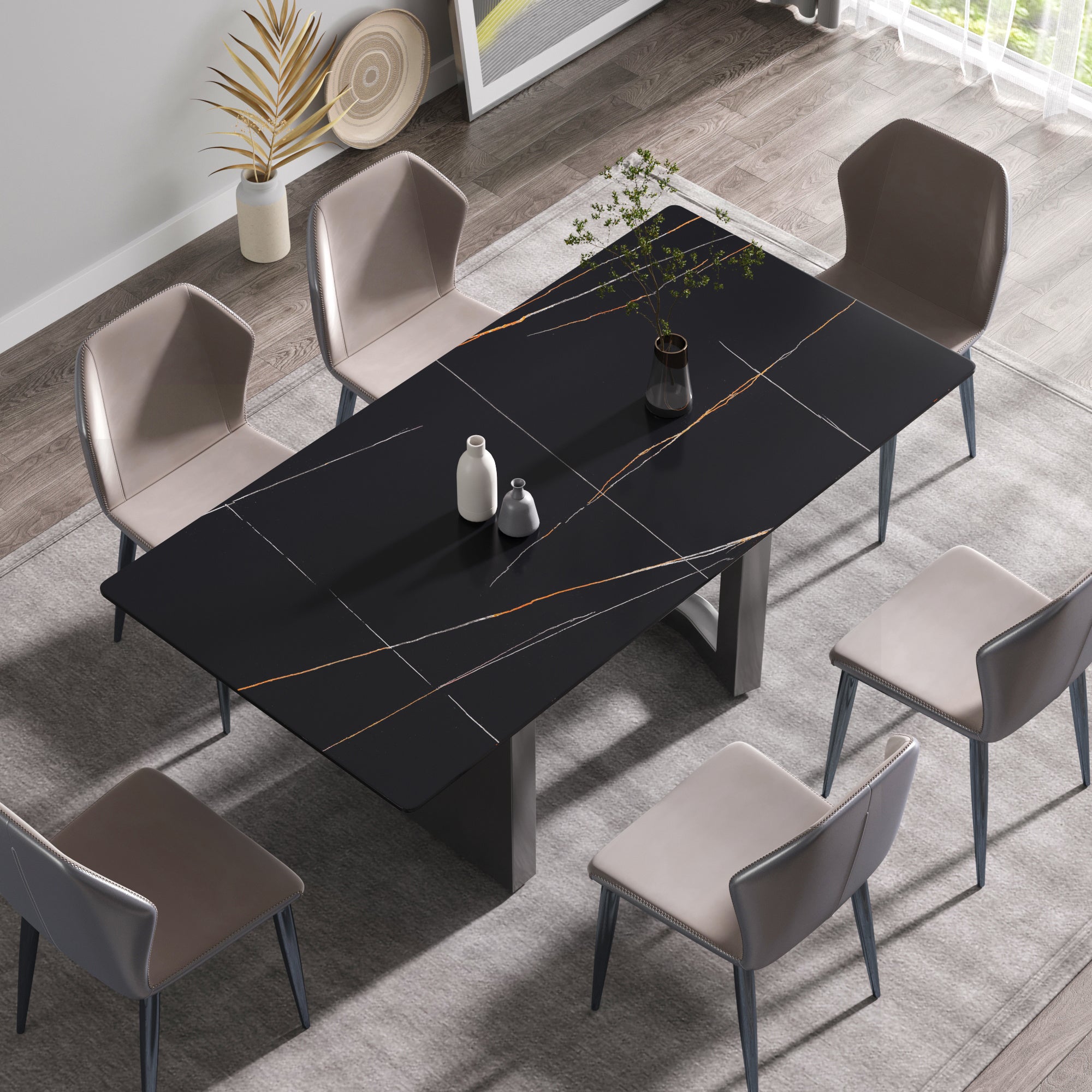 70.87" modern artificial stone black straight edge black metal leg dining table-can accommodate 6-8 people