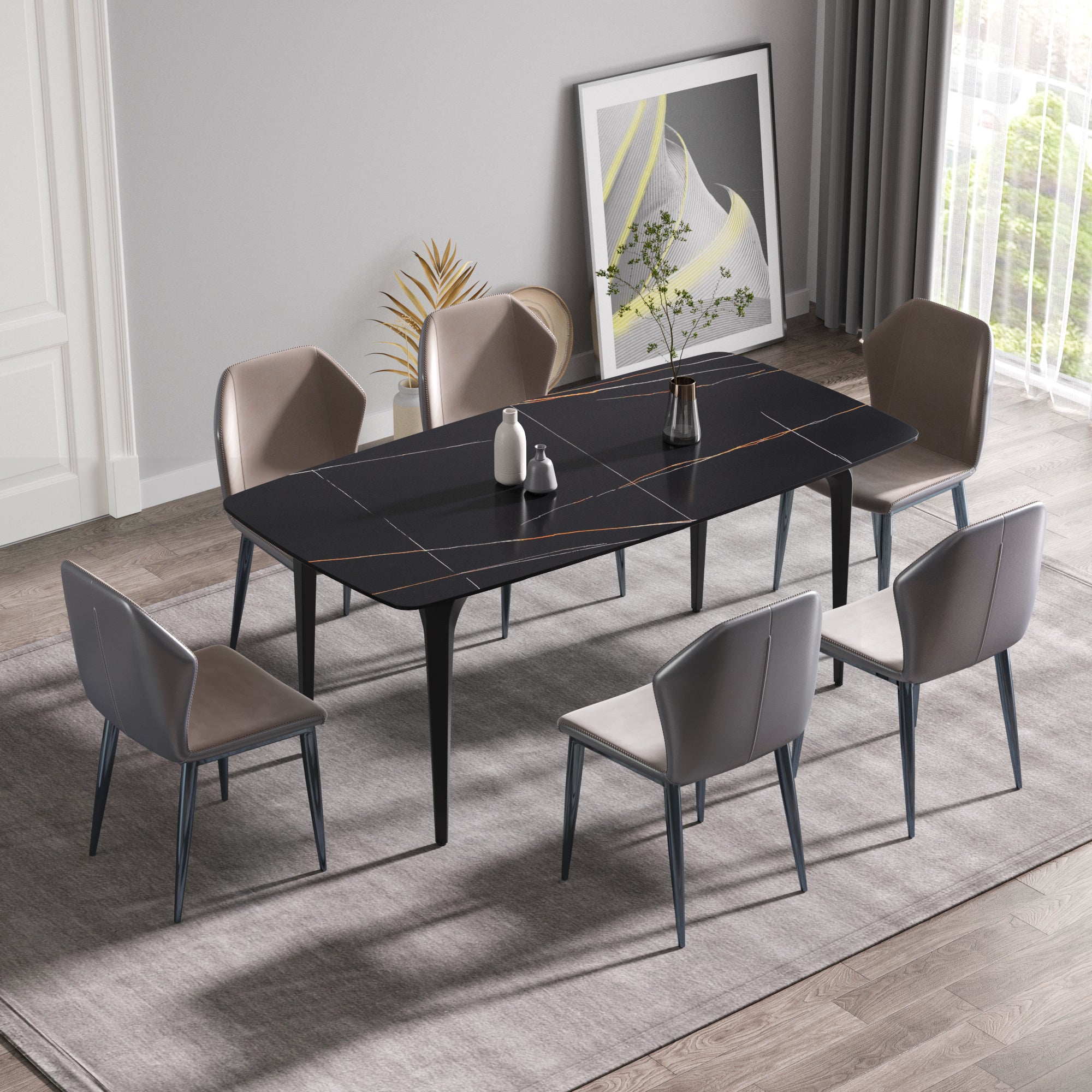 70.87"Modern artificial stone black curved black metal leg dining table-can accommodate 6-8 people