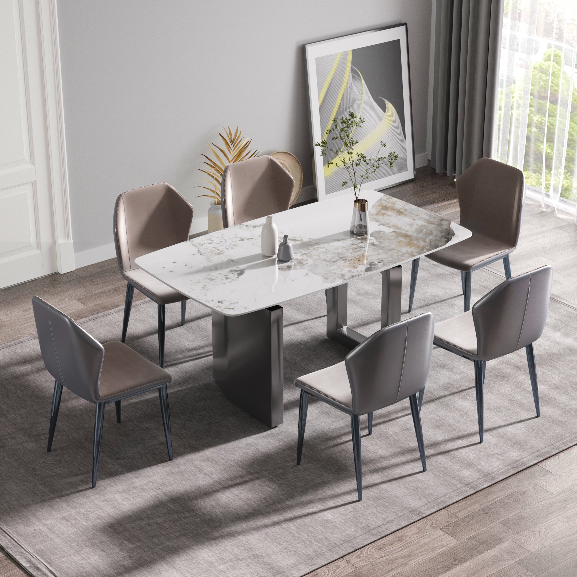 63"Modern artificial stone pandora white curved black metal leg dining table -6 people