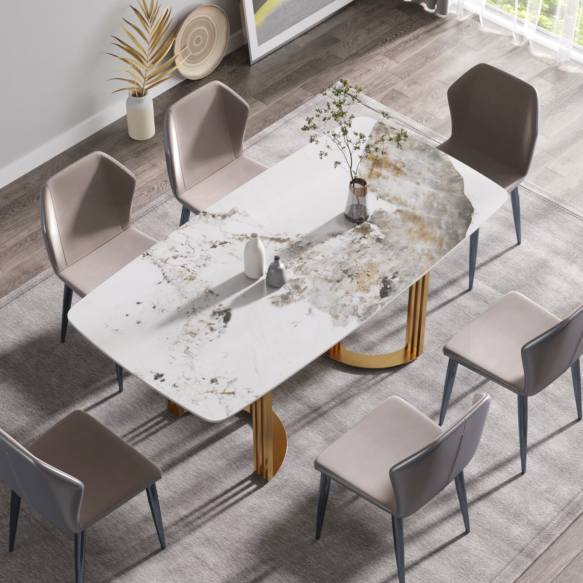 70.87"Modern artificial stone Pandora white curved golden metal leg dining table-can accommodate 6-8 people