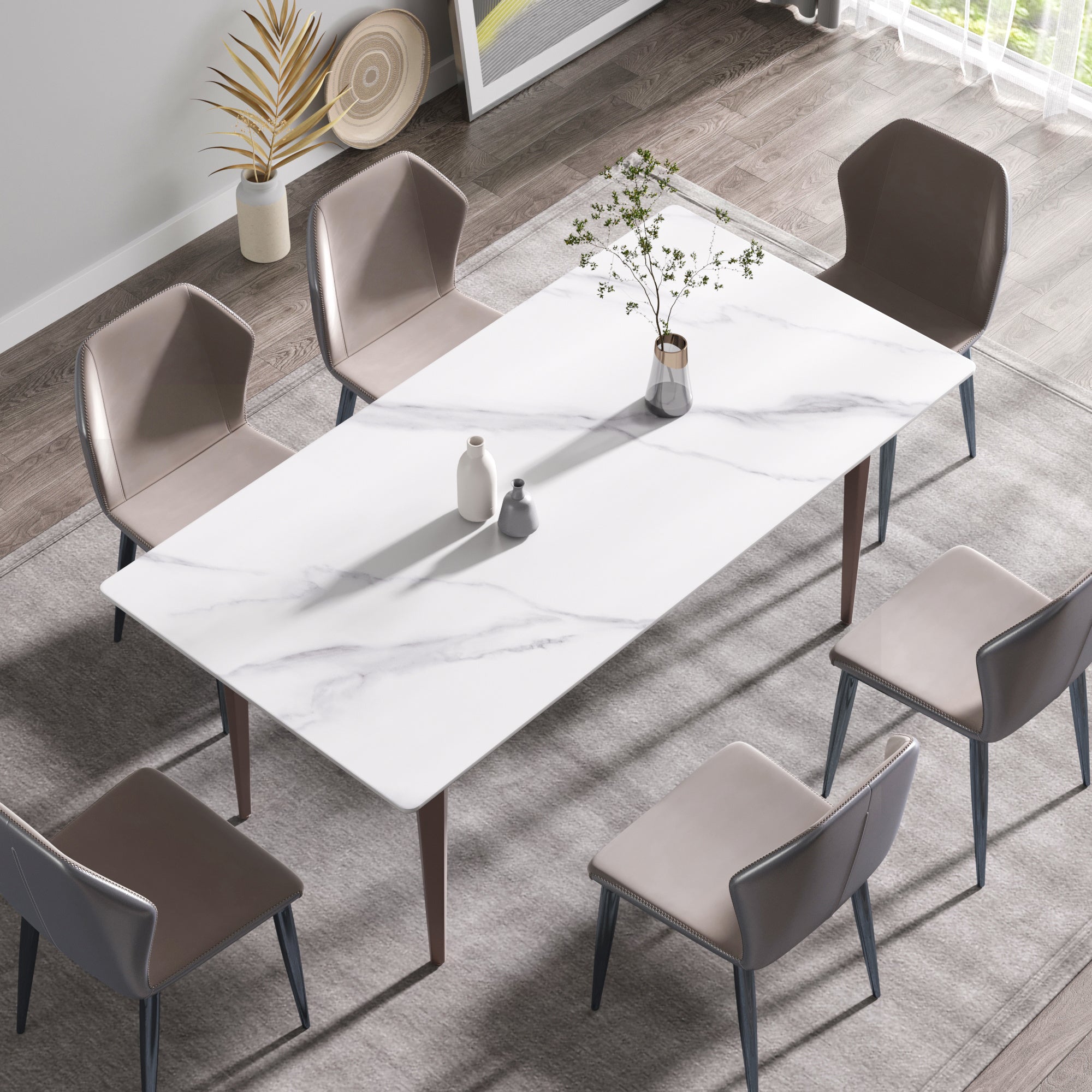 70.87" modern artificial stone white straight edge metal leg dining table-can accommodate 6-8 people