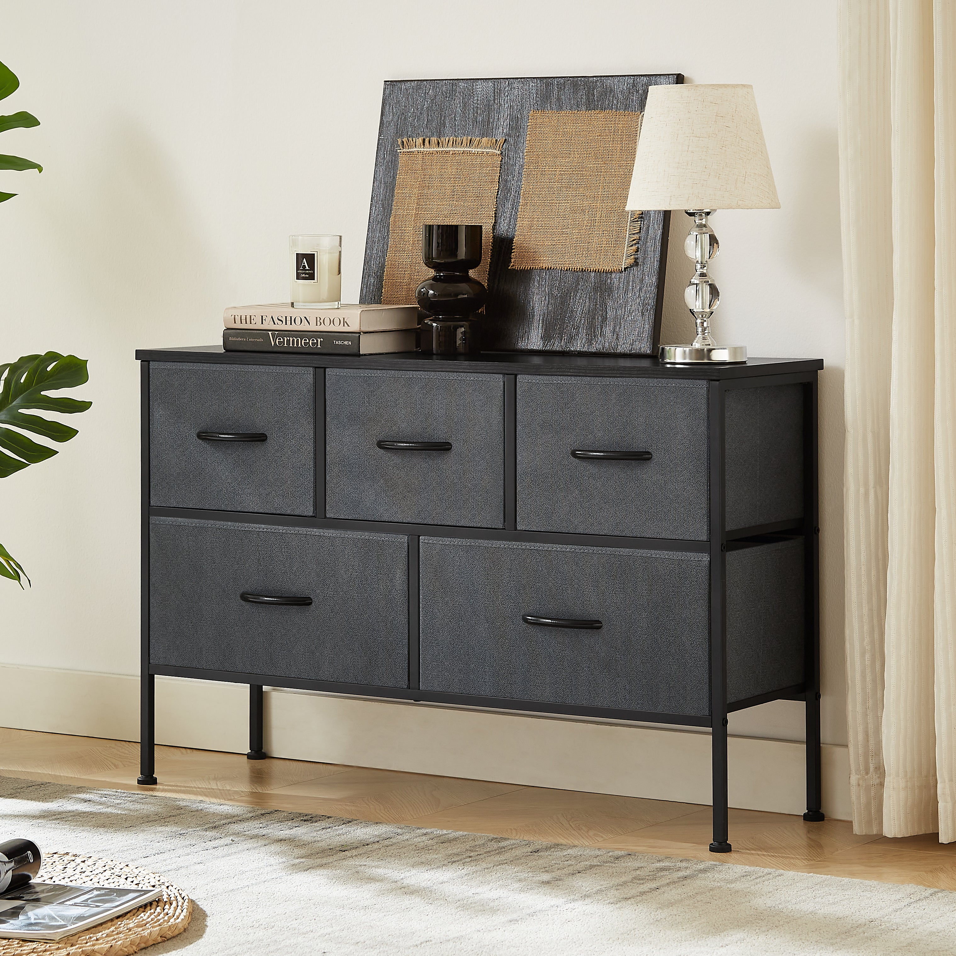 Dresser for Bedroom with 5 Drawers, Wide Chest of Drawers, Fabric Dresser, Storage Organizer Unit with Fabric Bins for Closet, Living Room, Hallway, Nursery, Dark Grey