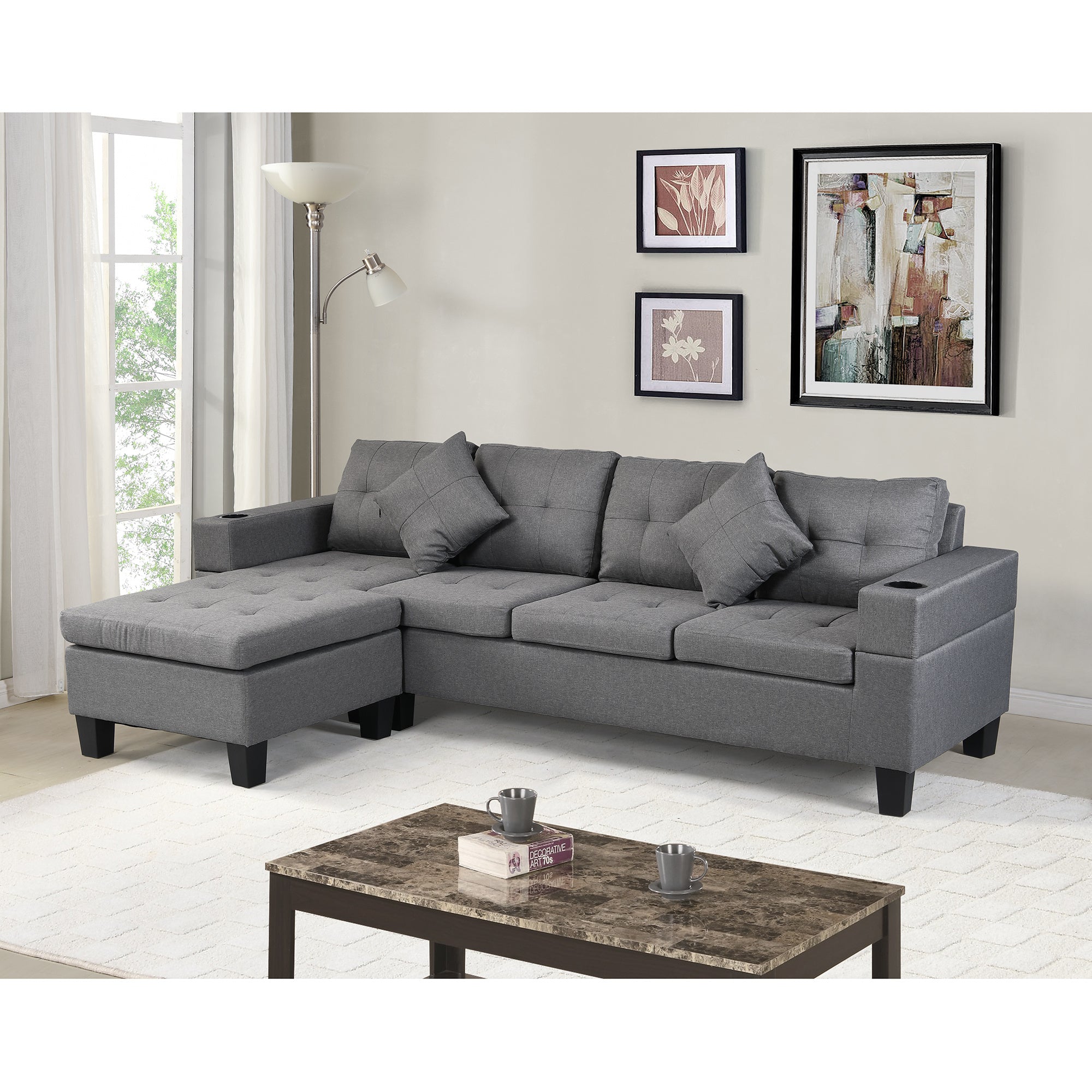 Sectional Sofa Set for Living Room with L Shape Chaise Lounge ,cup holder and Left or Right Hand Chaise Modern 4 Seat