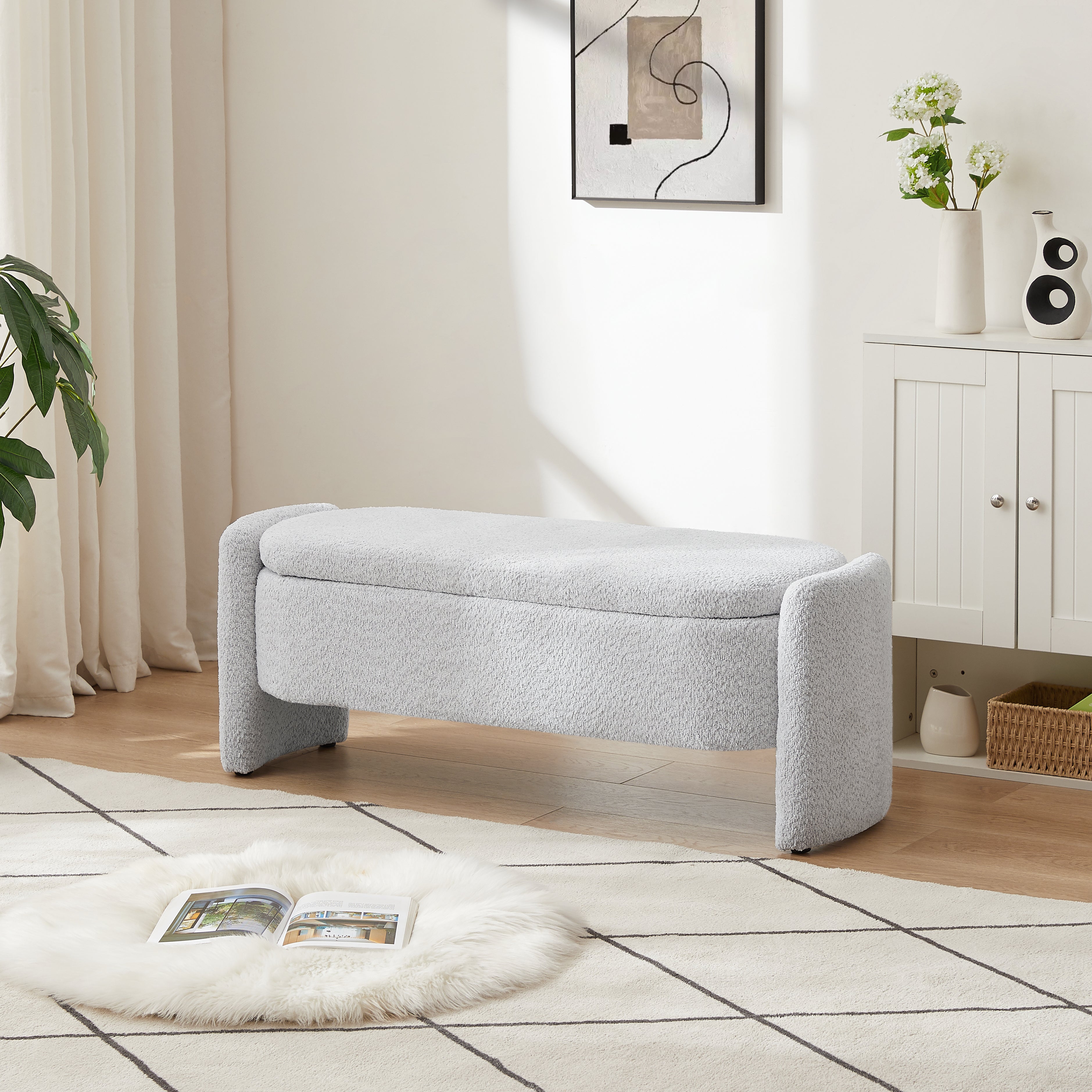 Ottoman Oval Storage Bench 3D Lamb Fleece Fabric Bench with Large Storage Space for the Living Room, Entryway and Bedroom,gray