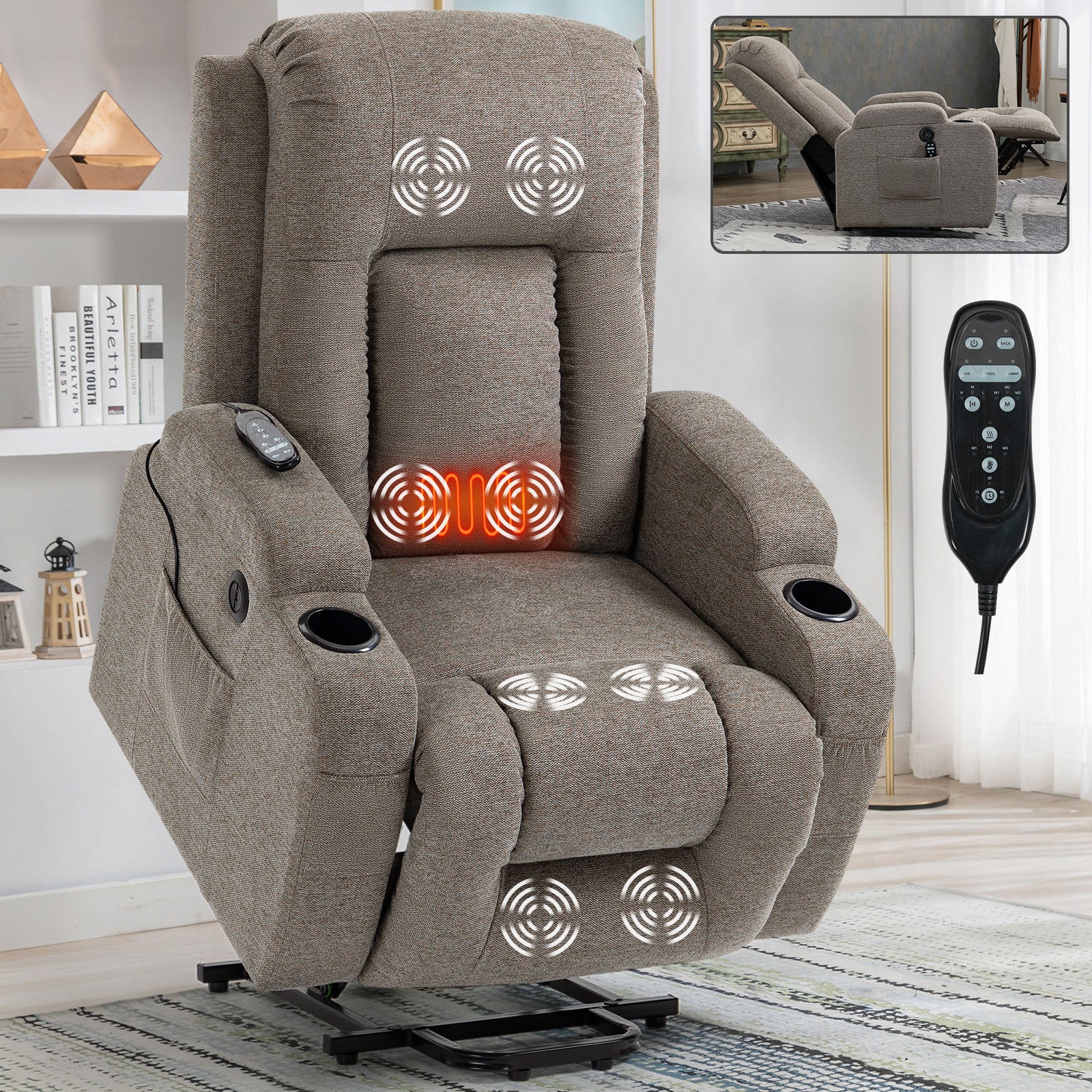 Infinite Position Okin Motor Up to 350 LBS Power Lift Recliner Chair for Elderly, Heavy Duty Motion Mechanism with 8-Point Vibration Massage and Lumbar Heating, USB Charging Port, Cup Holders, Brown