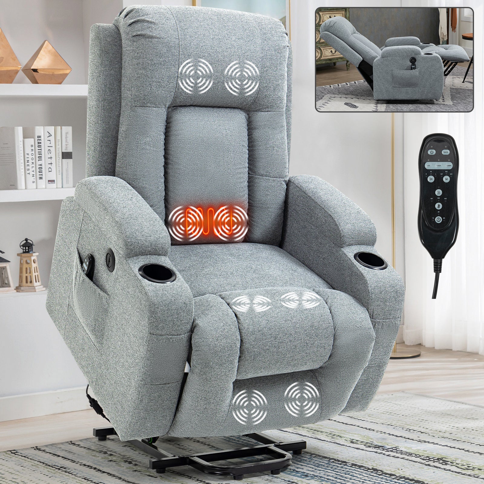 Infinite Position Okin Motor Up to 350 LBS Power Lift Recliner Chair for Elderly, Heavy Duty Motion Mechanism with 8-Point Vibration Massage and Lumbar Heating, USB Charging Port, Cup Holders, Grey