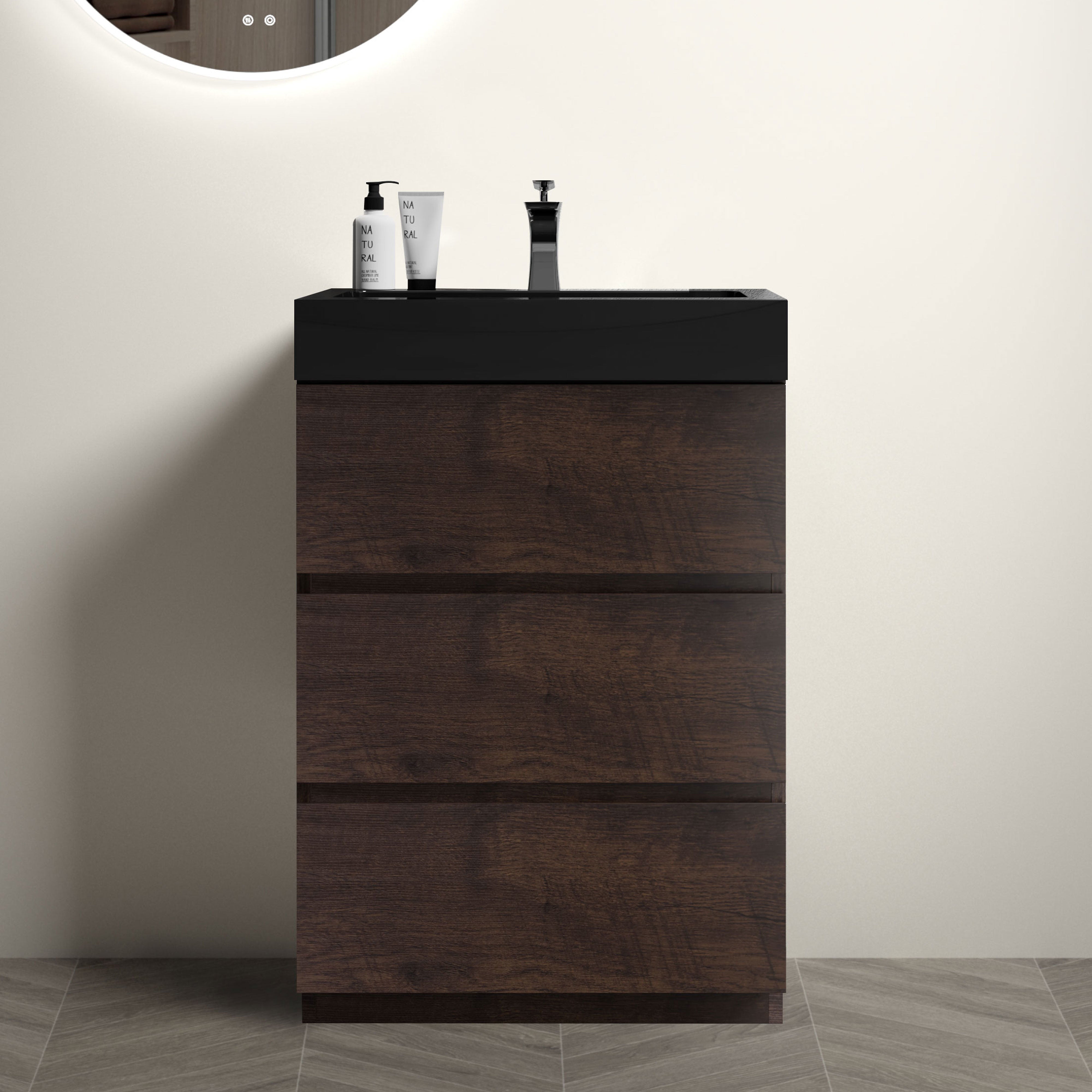 Alice 24" Walnut Bathroom Vanity with Sink, Large Storage Freestanding Bathroom Vanity for Modern Bathroom, One-Piece Black Sink Basin without Drain and Faucet