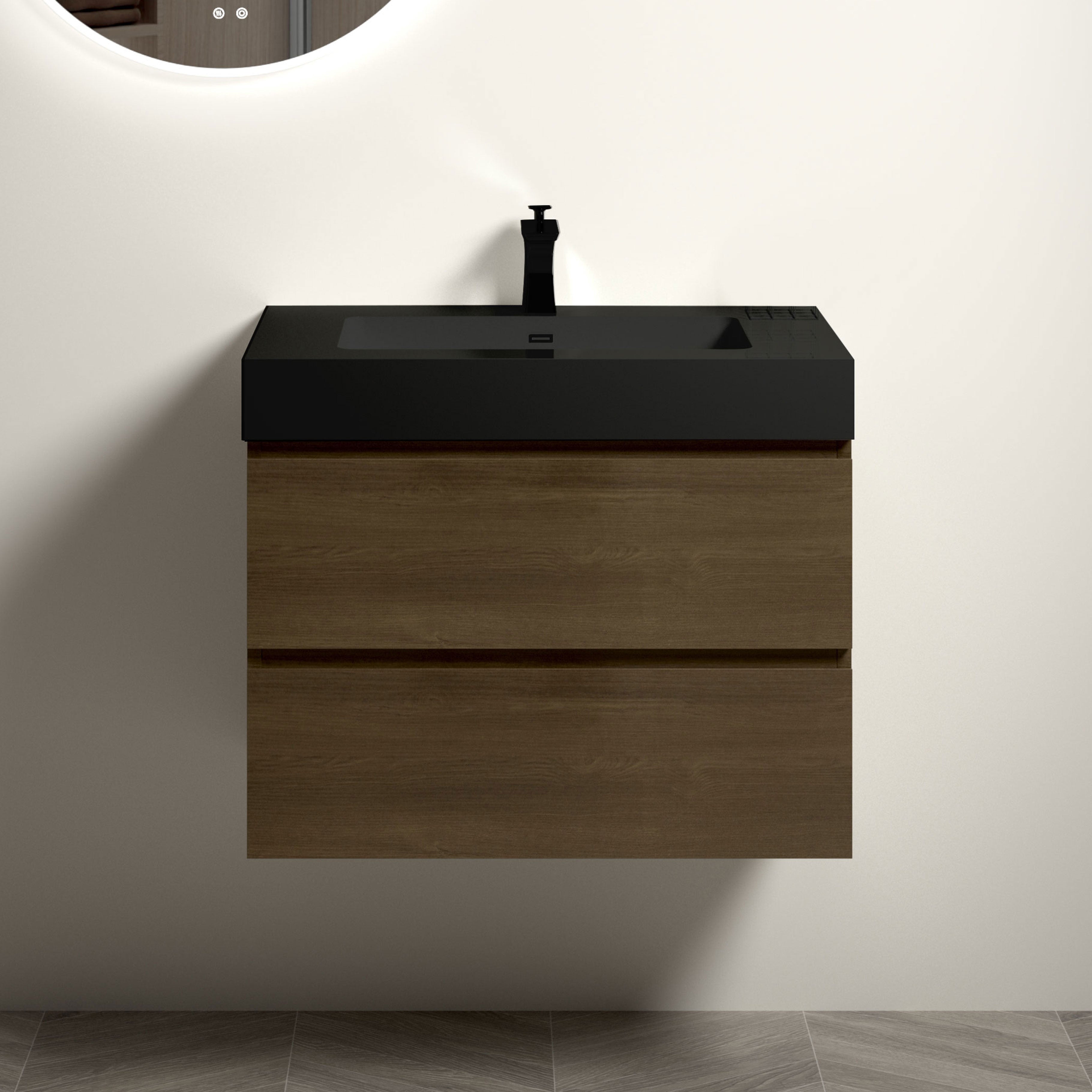 U044-Alice30-111 Alice 30" Dark Oak Bathroom Vanity with Black Sink, Large Storage Wall Mounted Floating Bathroom Vanity for Modern Bathroom, One-Piece Black Sink Basin without Drain and Faucet