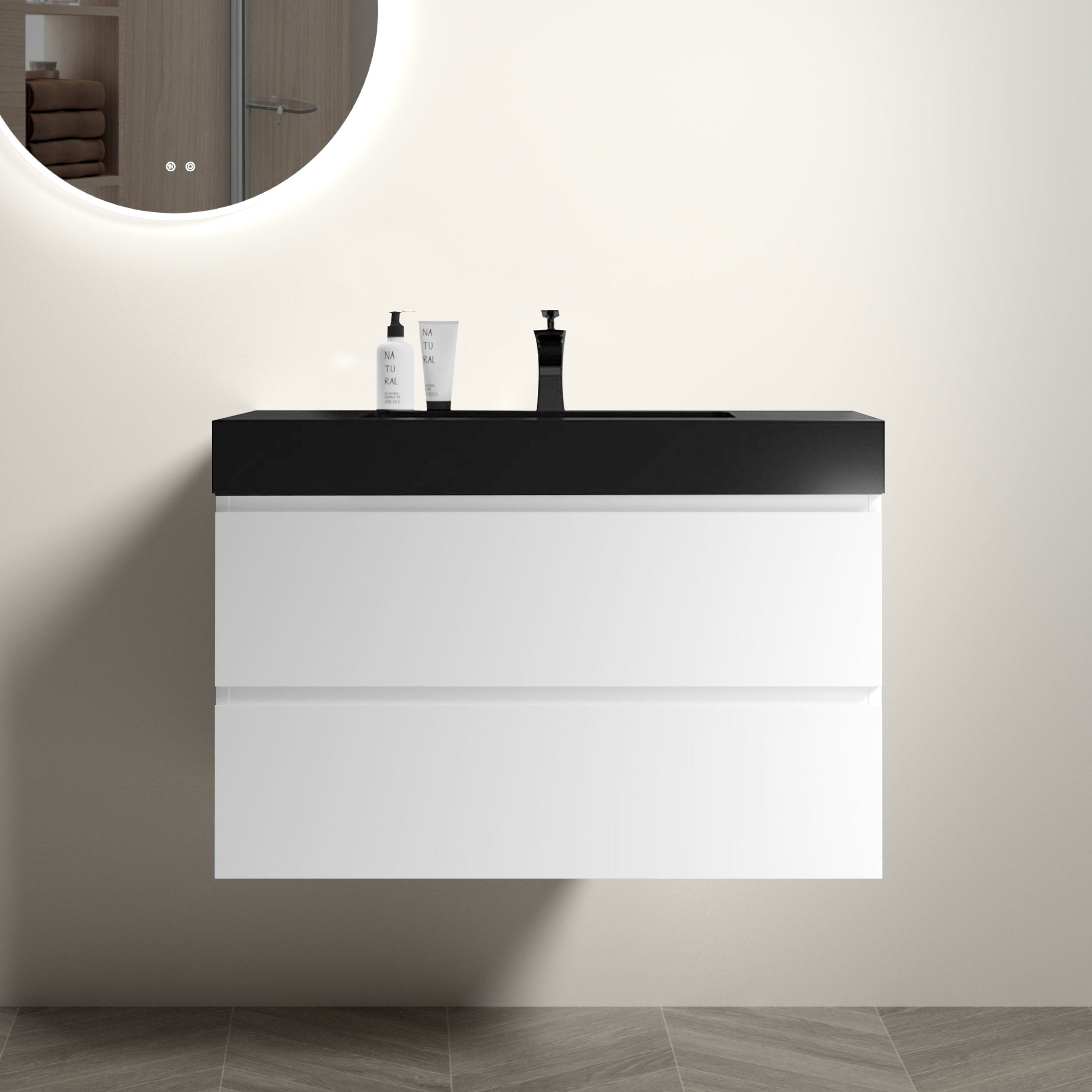 Alice 36" White Bathroom Vanity with Sink, Large Storage Wall Mounted Floating Bathroom Vanity for Modern Bathroom, One-Piece Black Sink Basin without Drain and Faucet