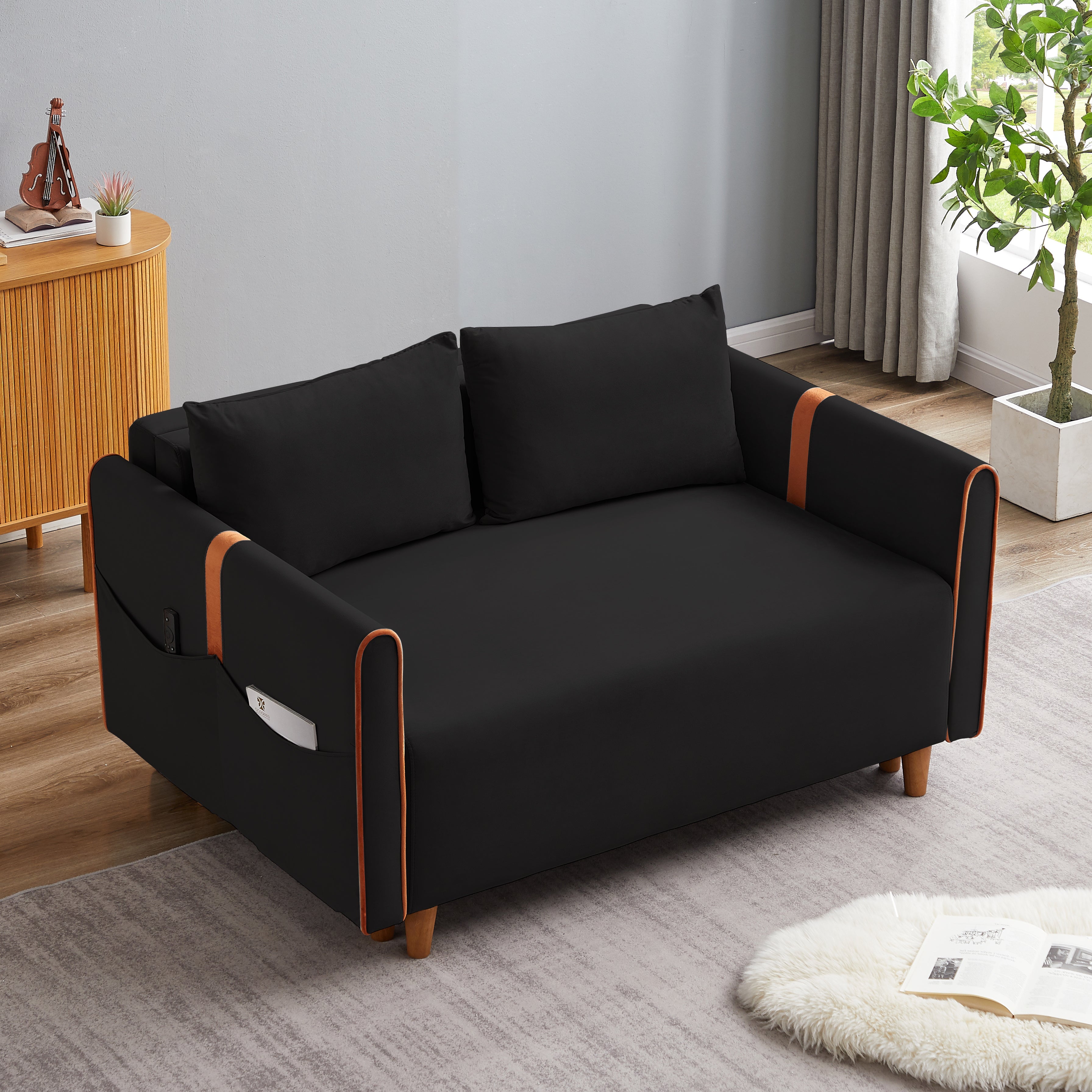 Convertible Comfortable Sleeper Velvet Sofa Couch with Storage for for Living Room Bedroom Sofabed Black