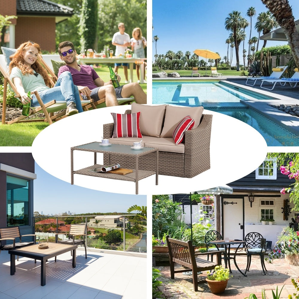 Brown Rattan Double Couch Tables Furniture Set Lounge Sofa For Small Living Room Spaces Pool Patio Garden Outdoor