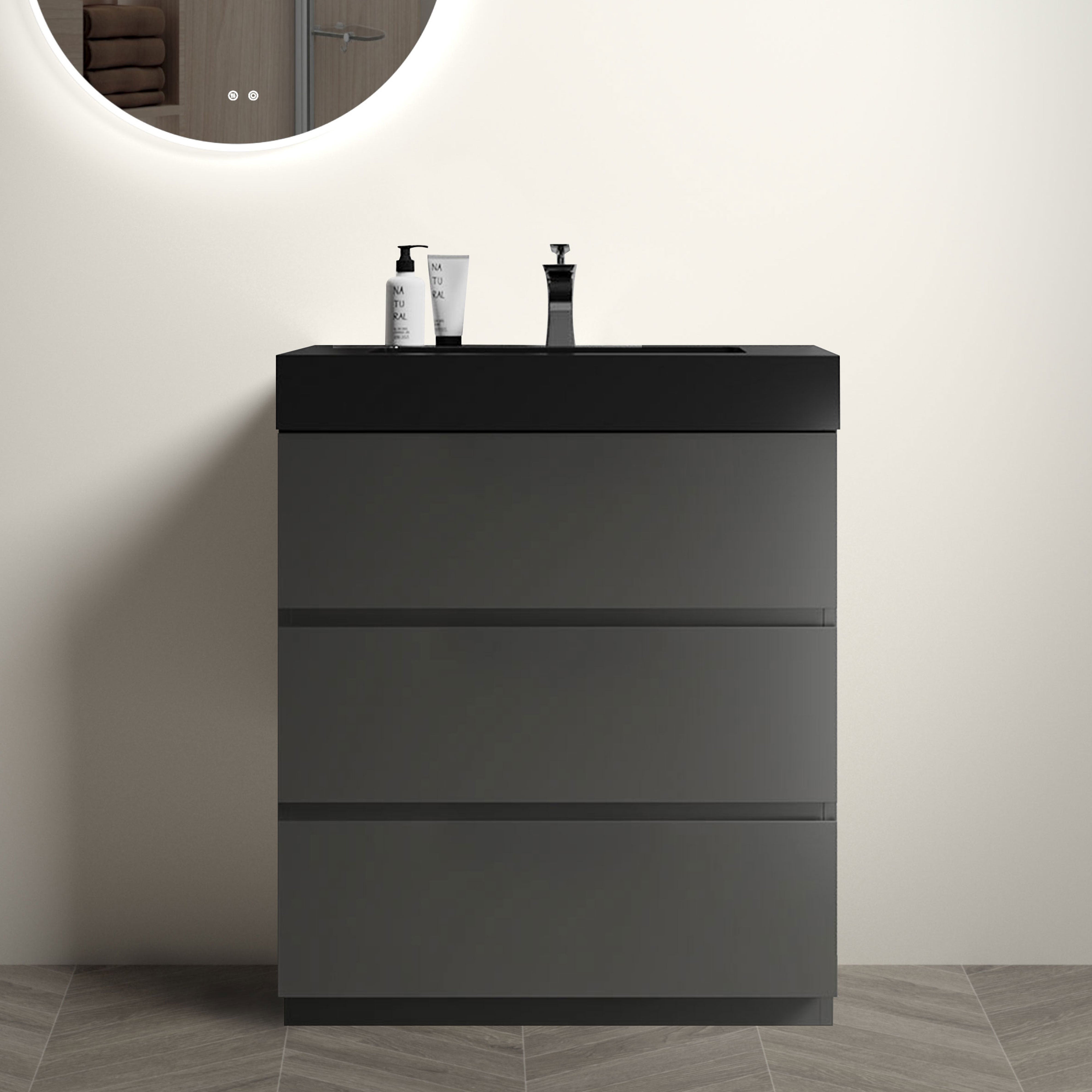 Alice 30" Gray Bathroom Vanity with Sink, Large Storage Freestanding Bathroom Vanity for Modern Bathroom, One-Piece Black Sink Basin without Drain and Faucet