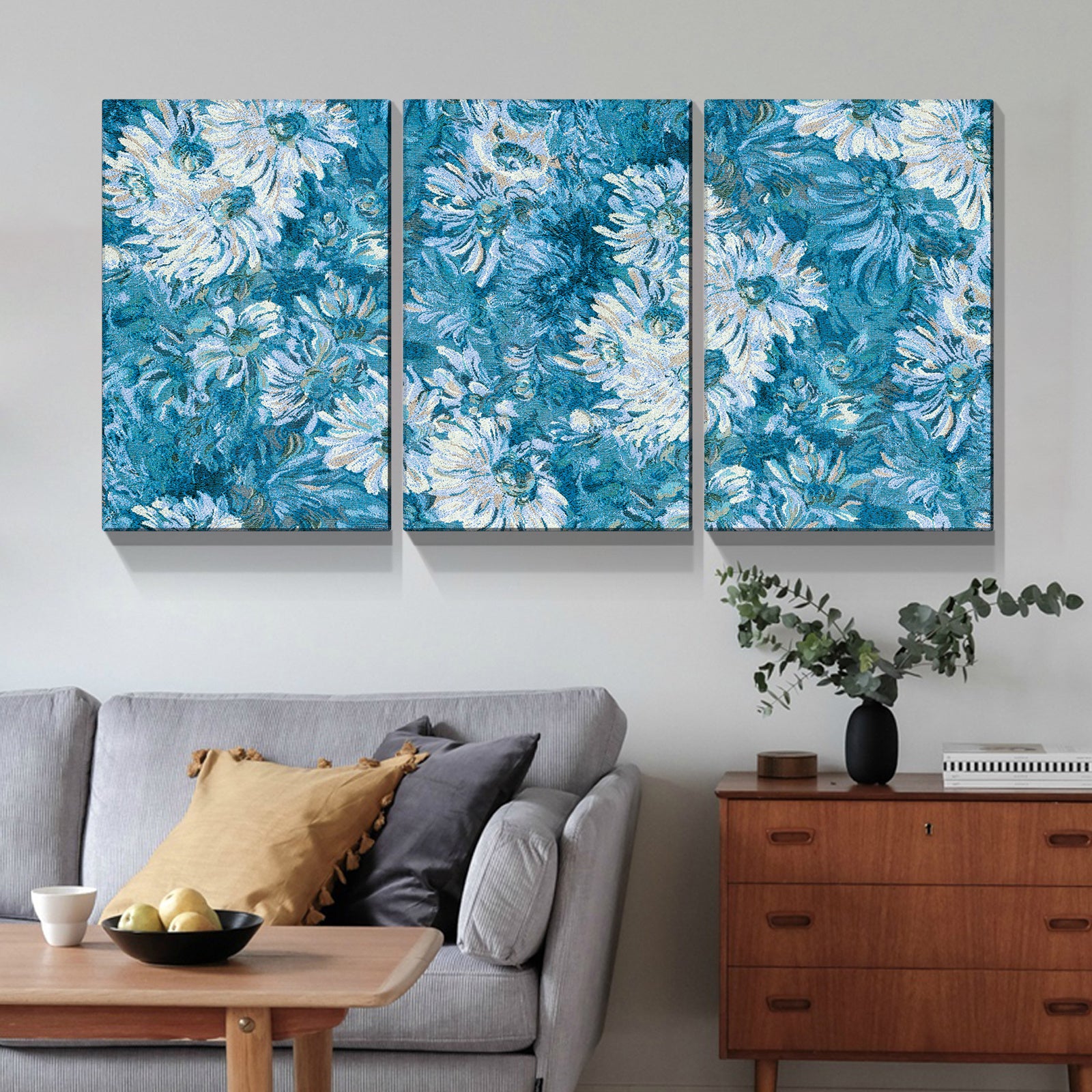 Framed Canvas Wall Art Decor Abstract Painting, Cyan Color Daisy Oil Painting Style Decoration For Restaurant, Kitchen, Dining Room, Office Living Room, Bedroom Decor-Ready To Hang