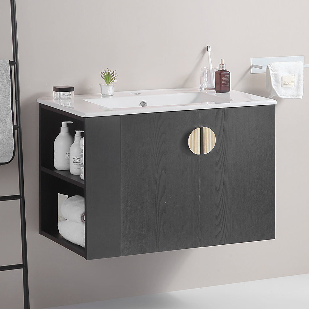 30" Bathroom Vanity with Sink,with two Doors Cabinet Bathroom Vanity Set with Side left Open Storage Shelf,Solid Wood,Excluding faucets,Black