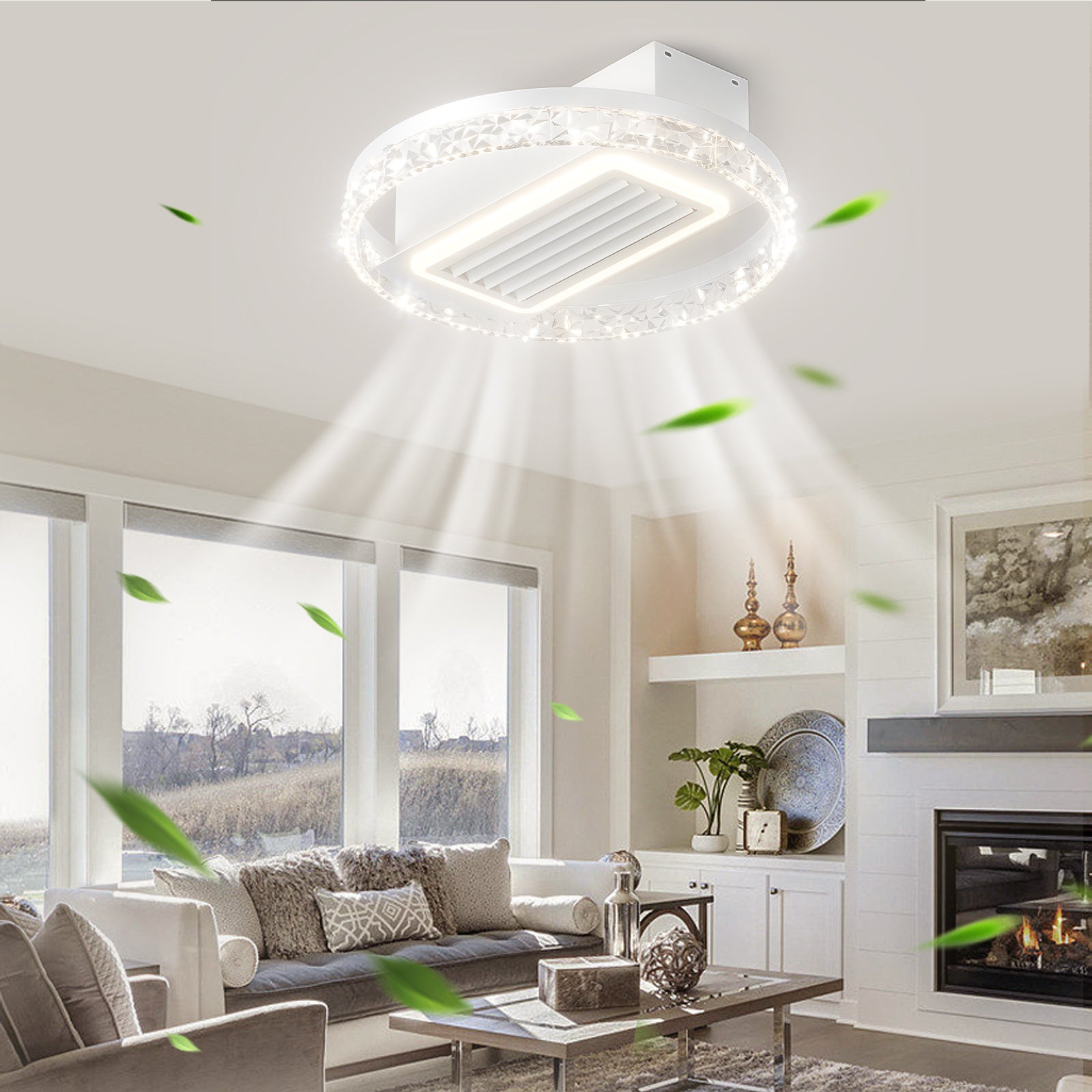 20Inches Bladeless Ceiling Fan with Lights Remote Control Dimmable LED, 6 Gear Wind Speed Fan Light