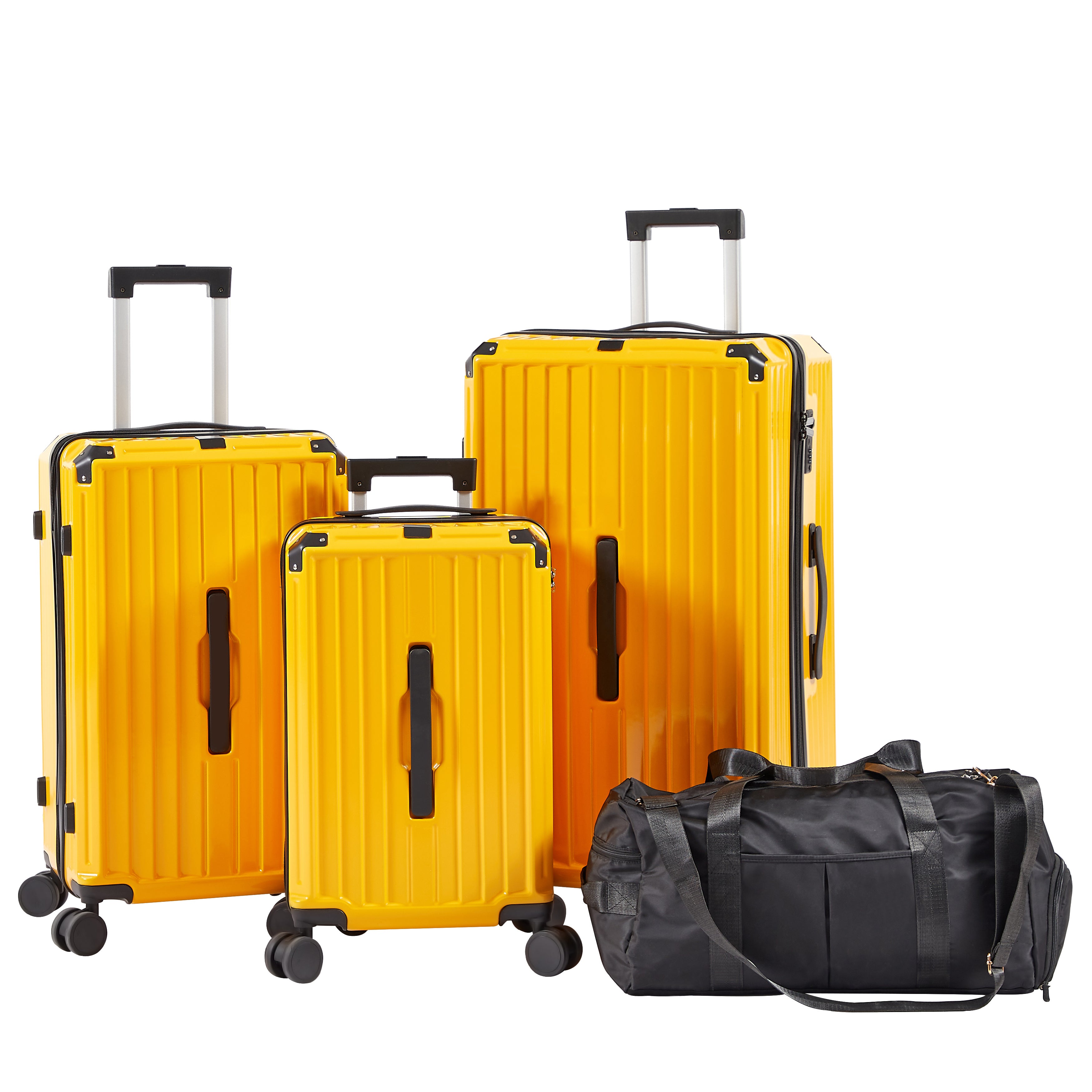 Luggage Set 4 pcs (20"/24"/29"/Travel Bag), PC+ABS Durable Lightweight Luggage with Collapsible Cup Holder, 360° Silent Spinner Wheels, TSA Lock, Yellow