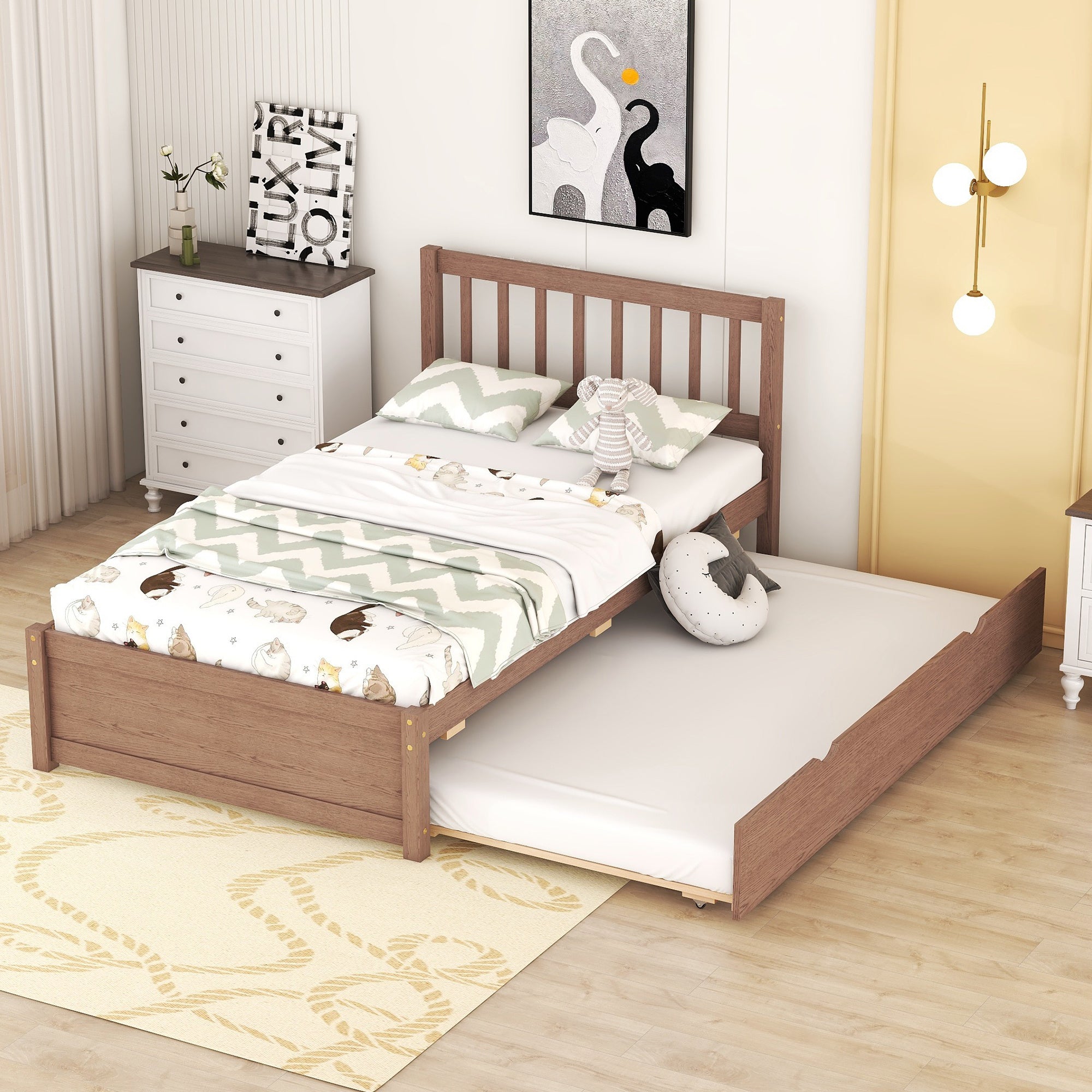 Modern Design Wooden Twin Size Platform Bed Frame with Trundle for Walnut Color