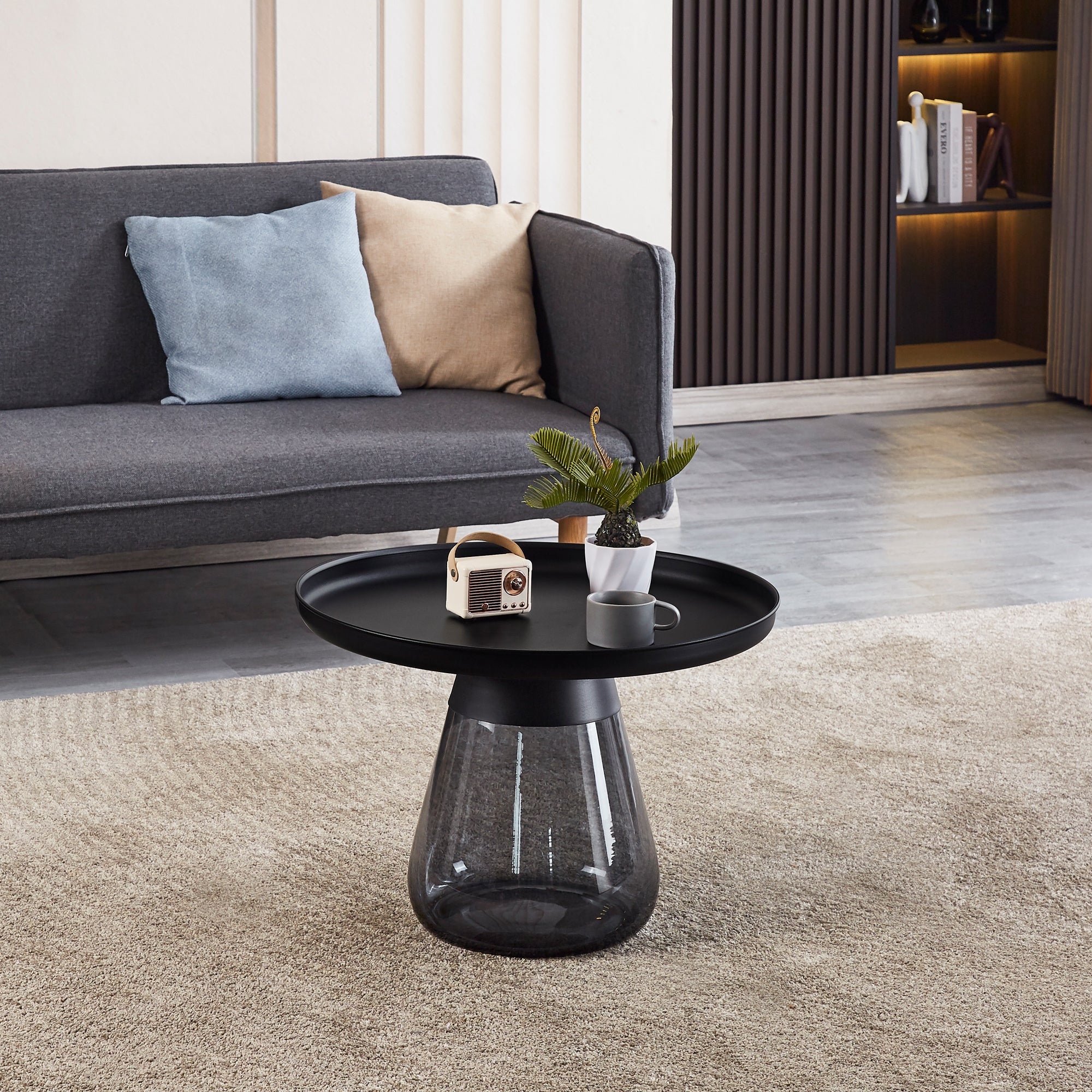 Smoke Glass Base with Black Painting Top Coffee Table, Living Room Center Table