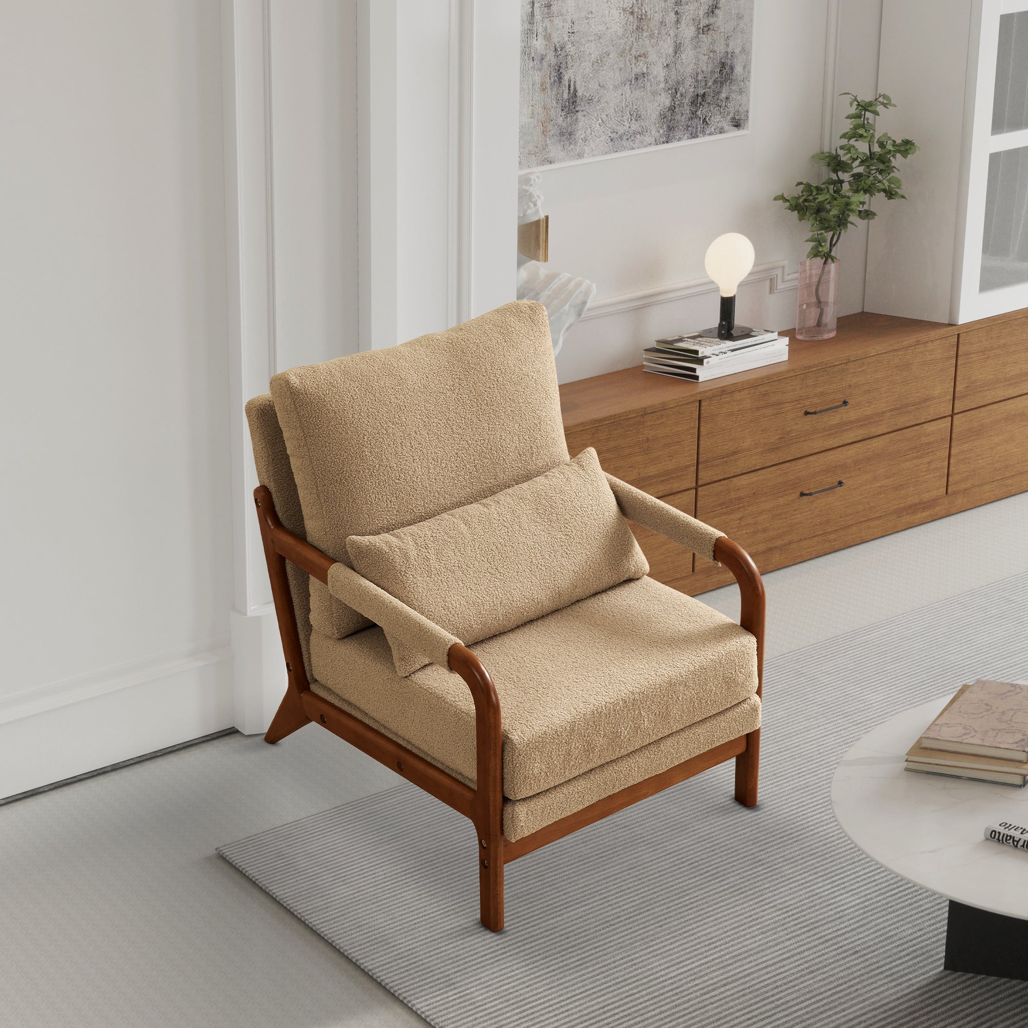 Modern Teddy Fabric Accent Chair,Oak Wood Frame Armchair for Living Room